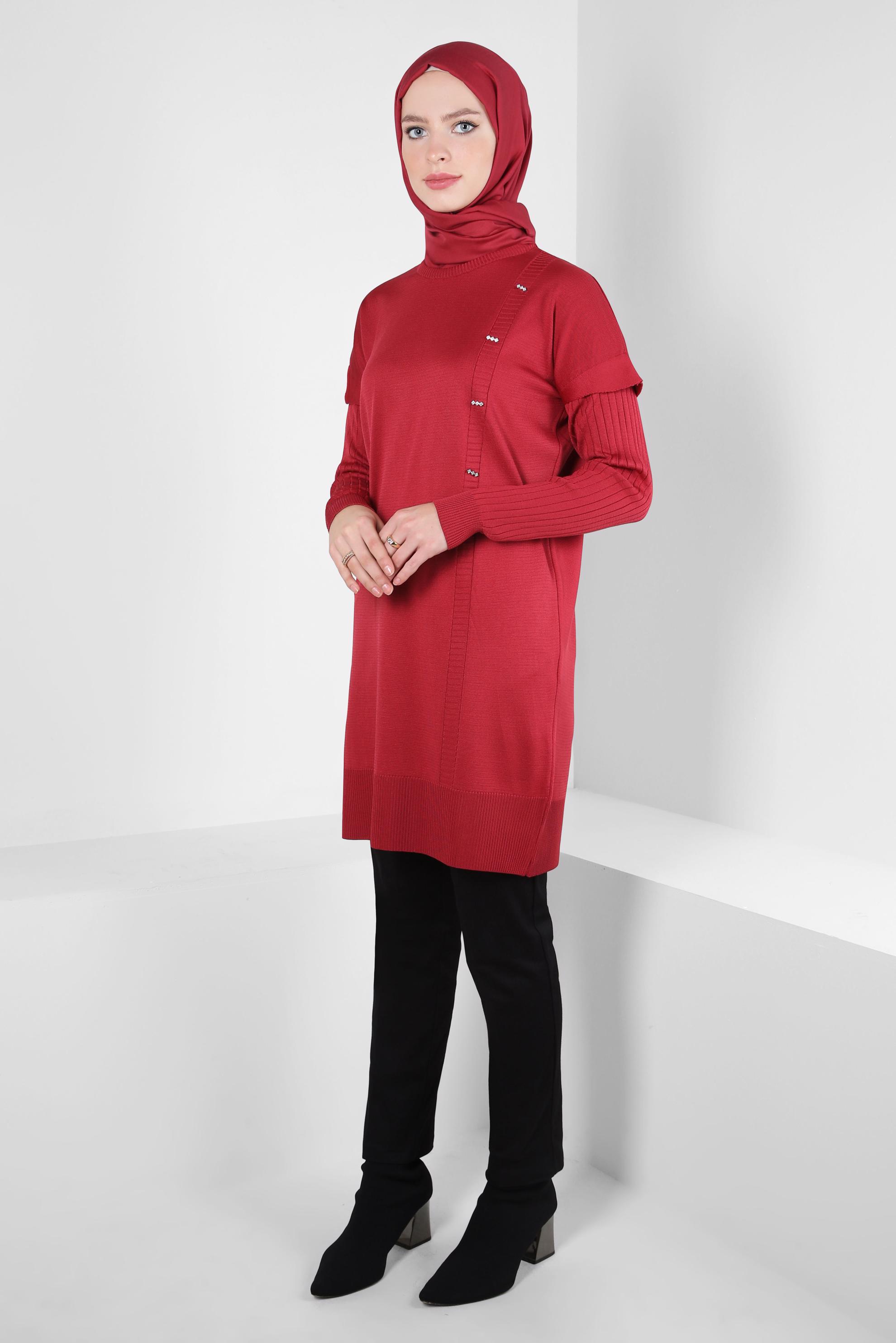 Tesettür giyim KIRMIZI TRİKO TUNİK 44054