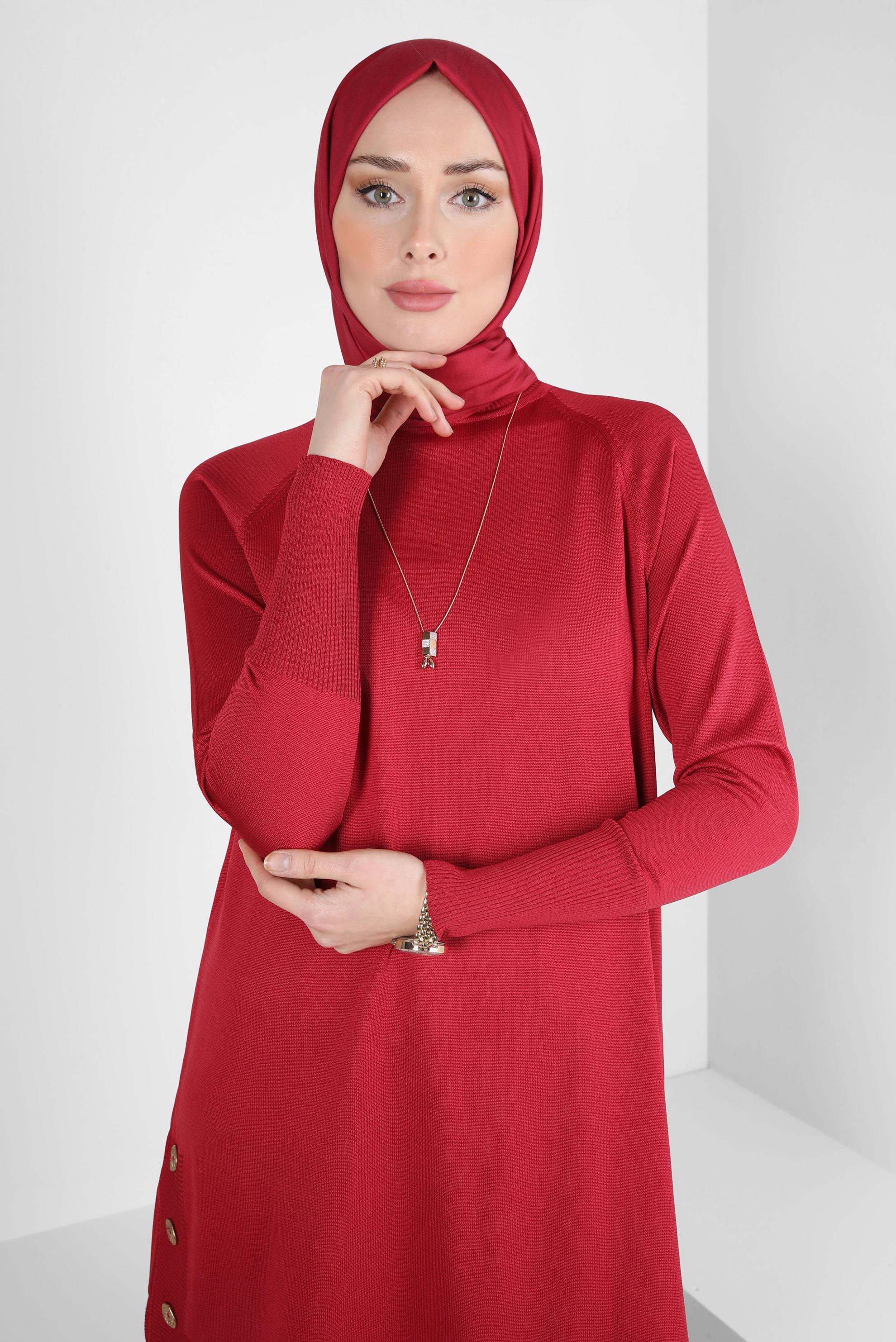 Tesettür giyim KIRMIZI BOĞAZLI TRİKO TUNİK 44055