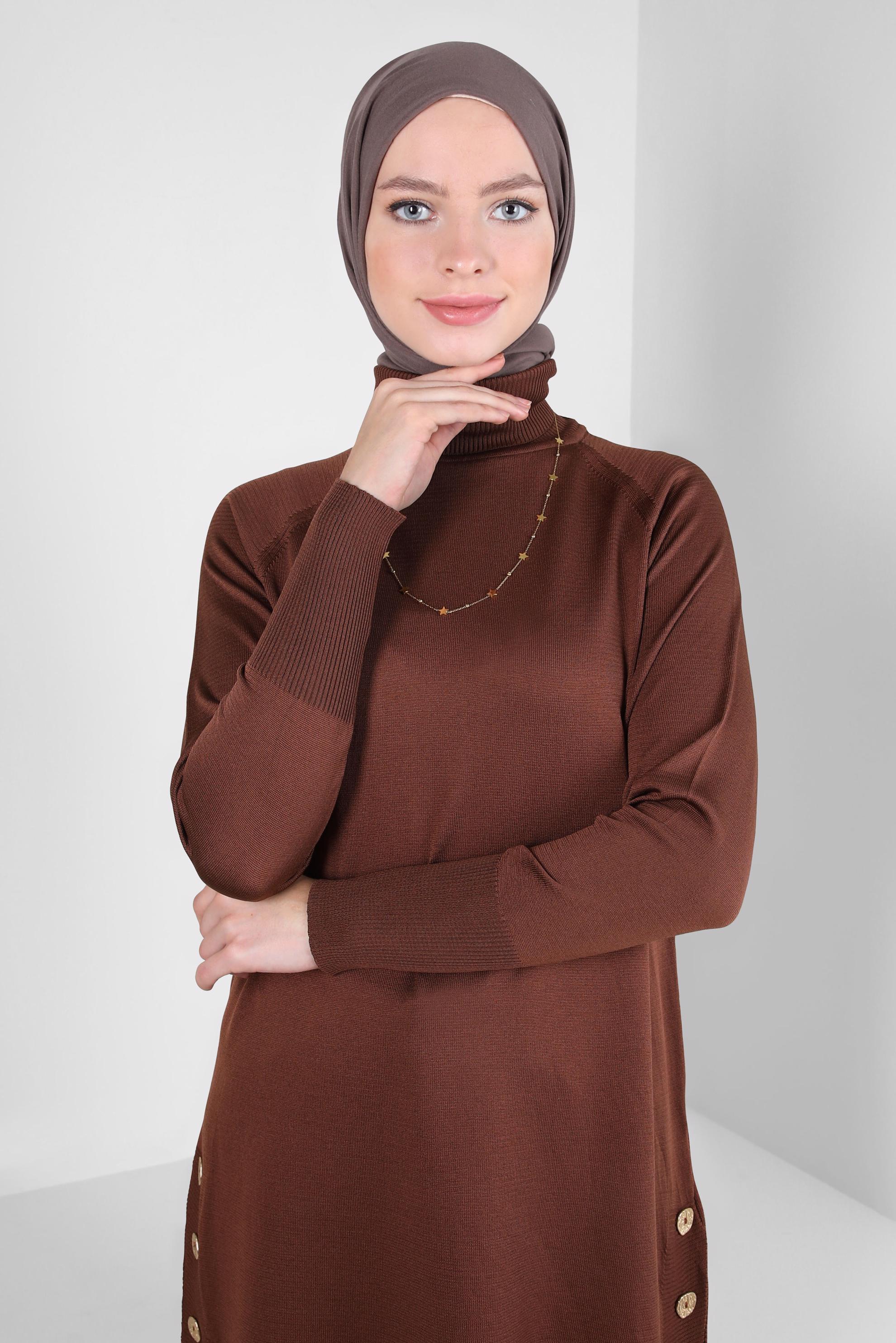 Tesettür giyim KAHVE BOĞAZLI TRİKO TUNİK 44055