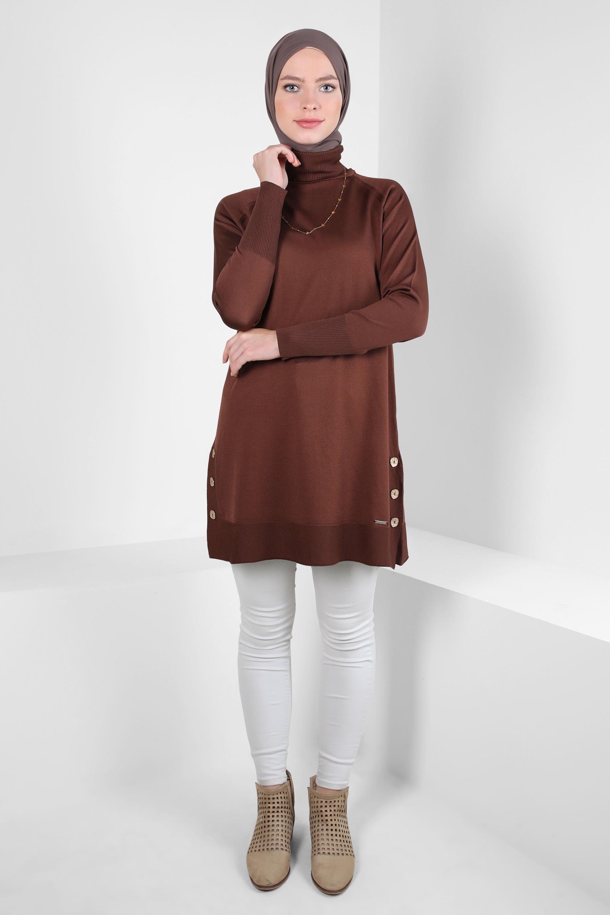 Tesettür giyim KAHVE BOĞAZLI TRİKO TUNİK 44055