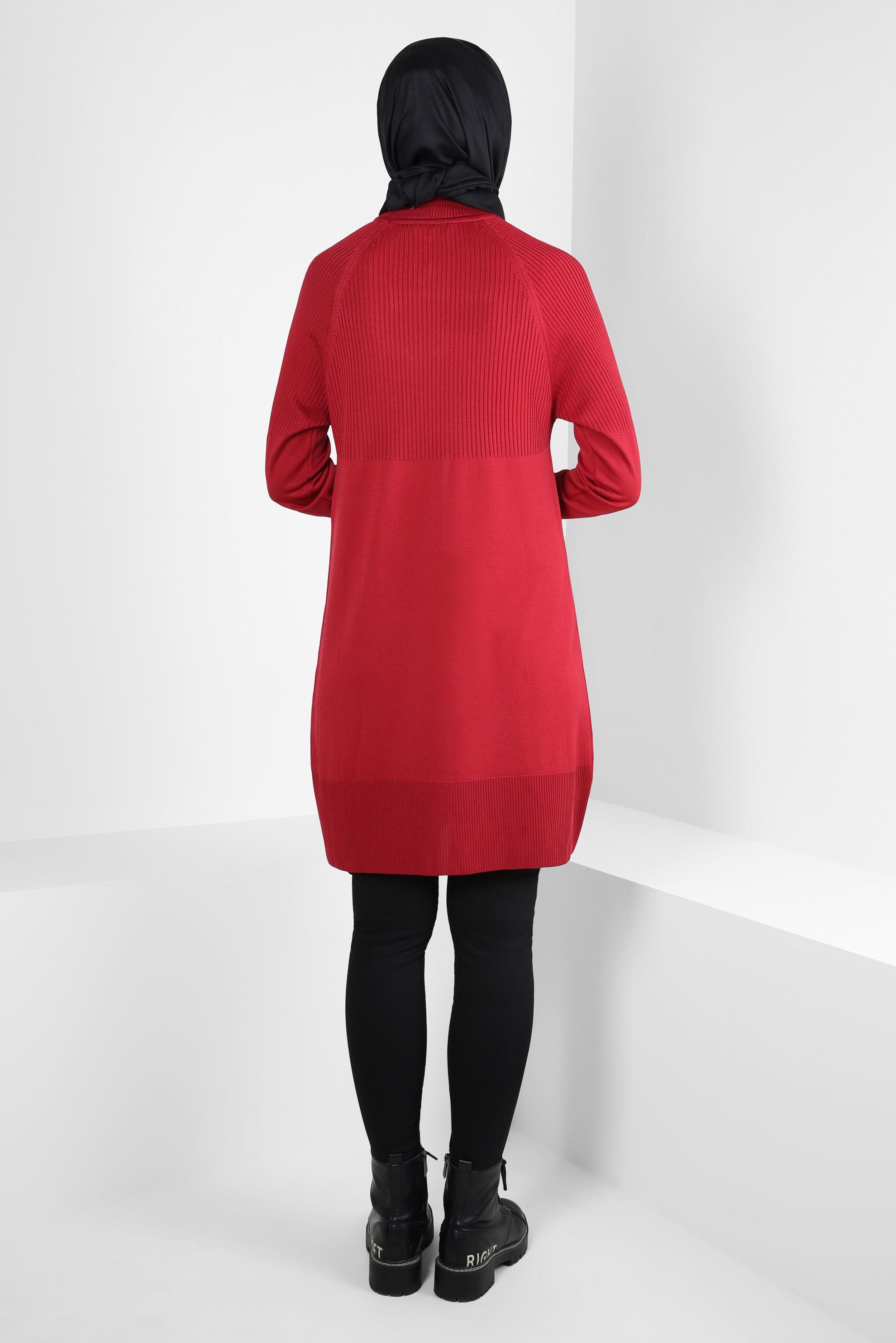 Tesettür giyim KIRMIZI BOĞAZLI YAKA TRİKO TUNİK 44056