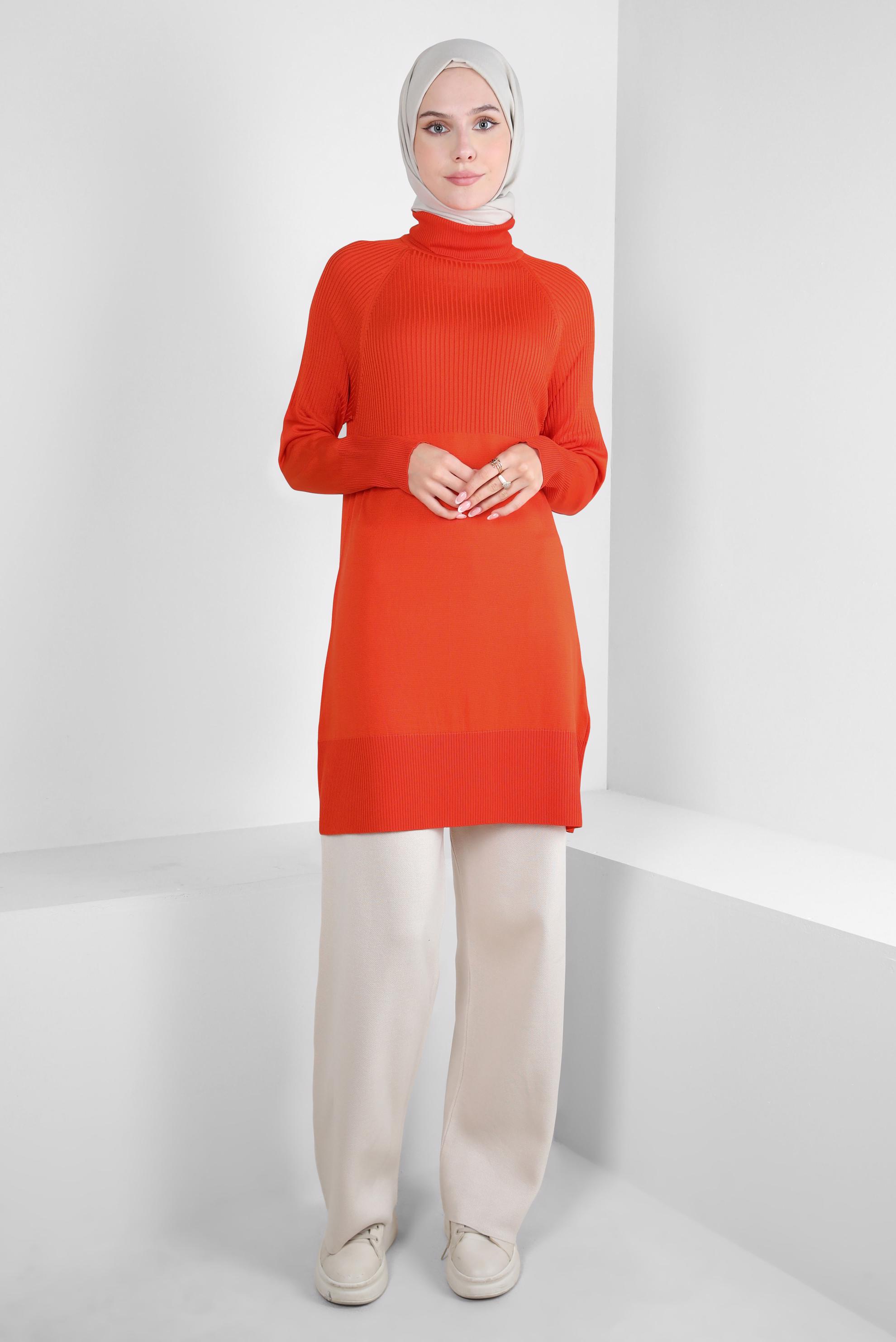 Tesettür giyim TURUNCU BOĞAZLI YAKA TRİKO TUNİK 44056