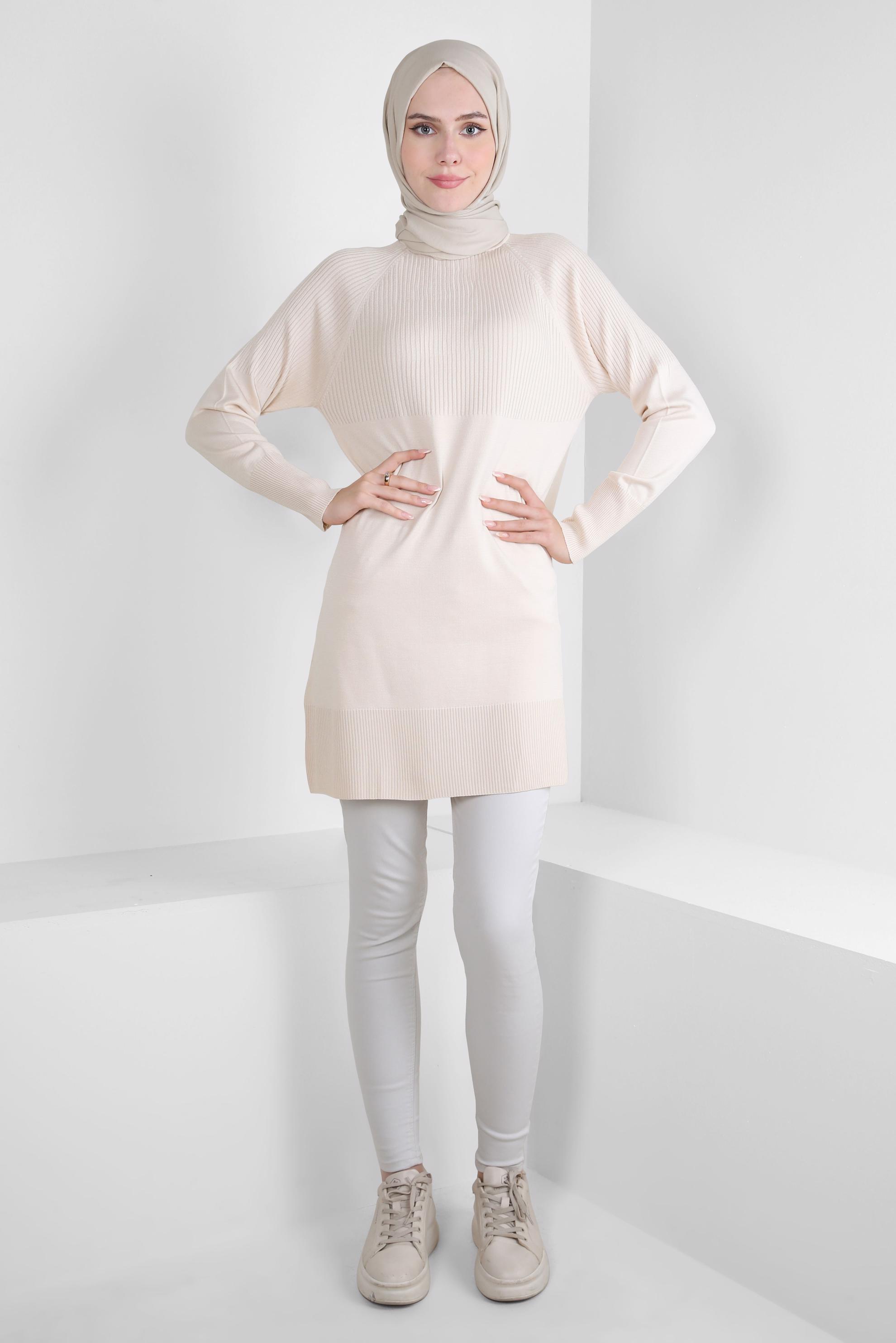 Tesettür giyim BEJ BOĞAZLI YAKA TRİKO TUNİK 44056