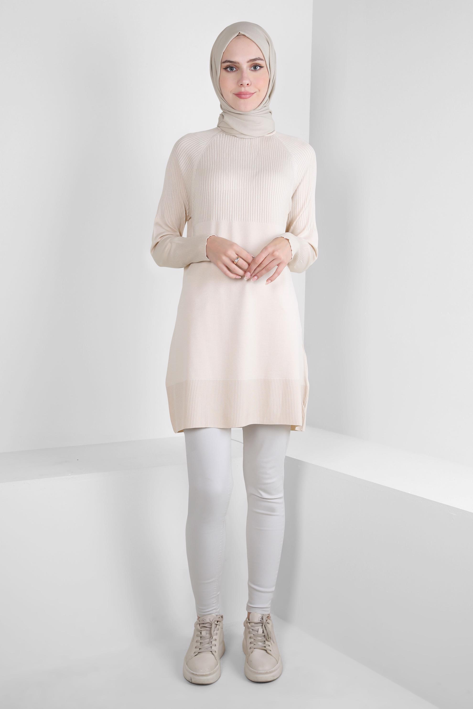 Tesettür giyim BEJ BOĞAZLI YAKA TRİKO TUNİK 44056