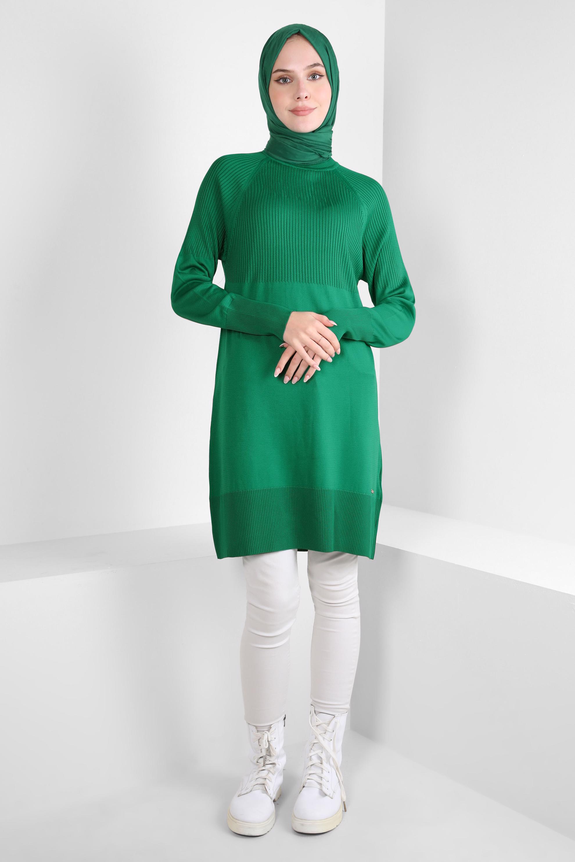 Tesettür giyim YEŞİL BOĞAZLI YAKA TRİKO TUNİK 44056