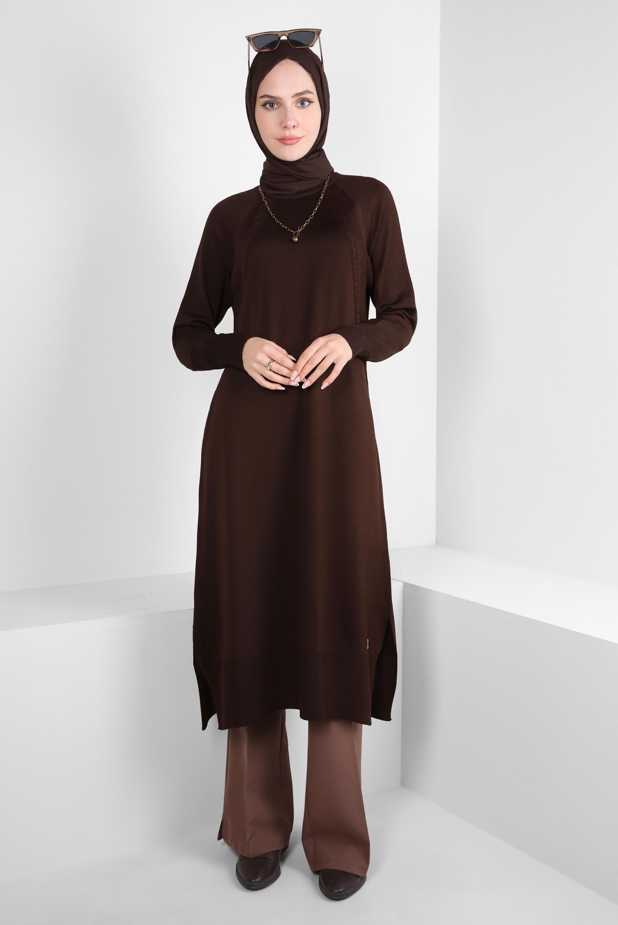 Tesettür giyim KAHVE UZUN TRİKO TUNİK 44057