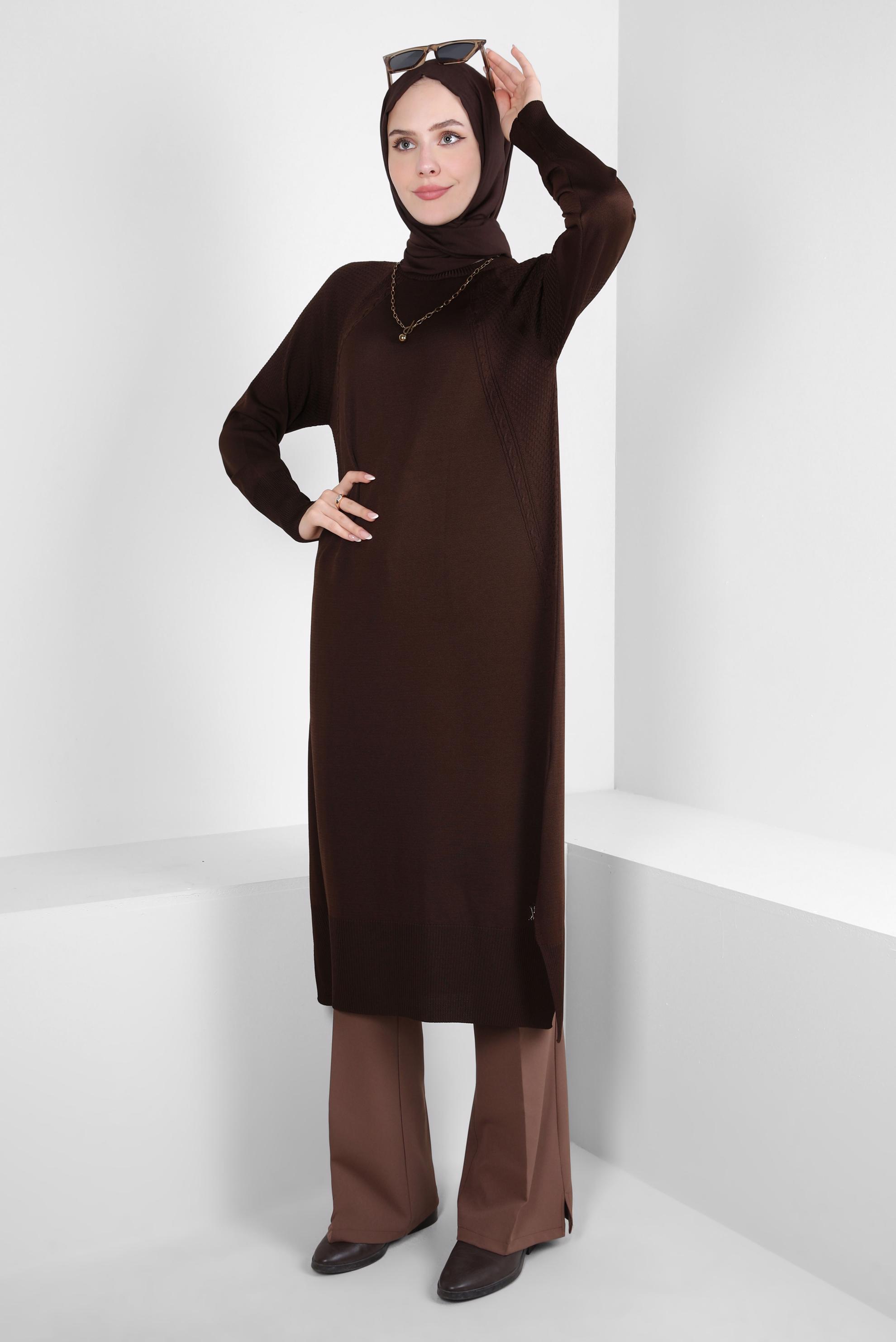 Tesettür giyim KAHVE UZUN TRİKO TUNİK 44057