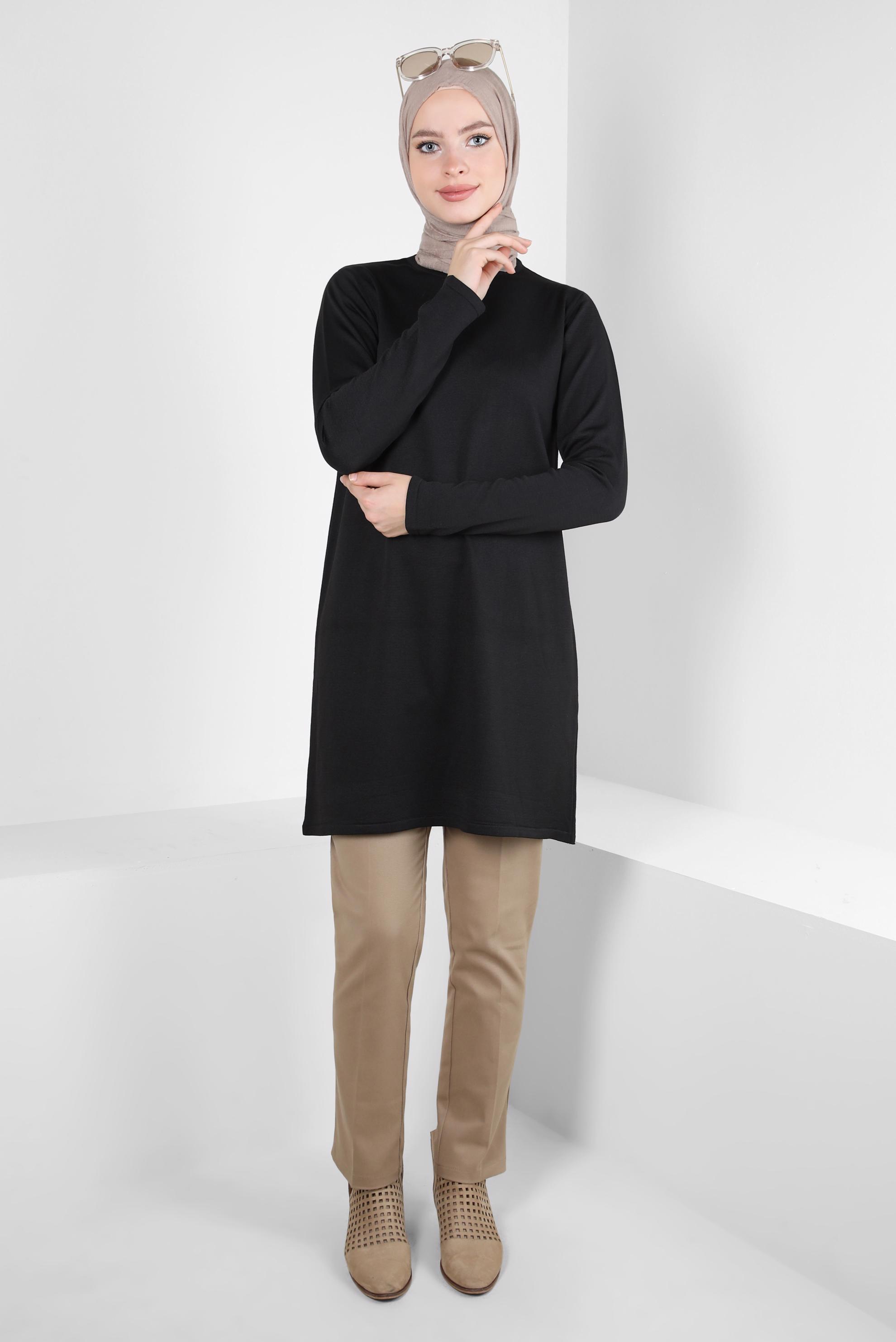 Tesettür giyim SİYAH BİSİKLET YAKA TRİKO TUNİK 44060