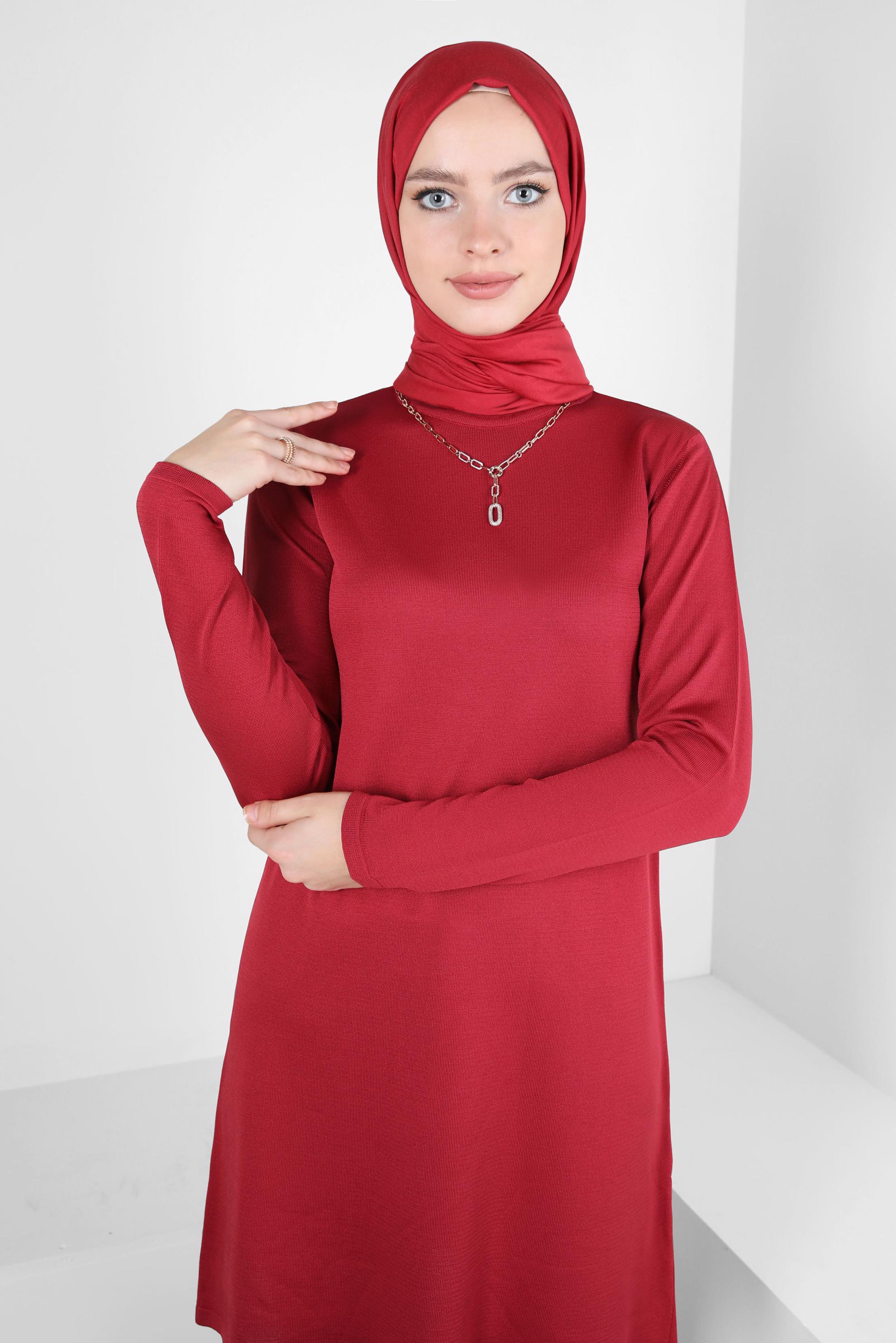 Tesettür giyim KIRMIZI BİSİKLET YAKA TRİKO TUNİK 44060