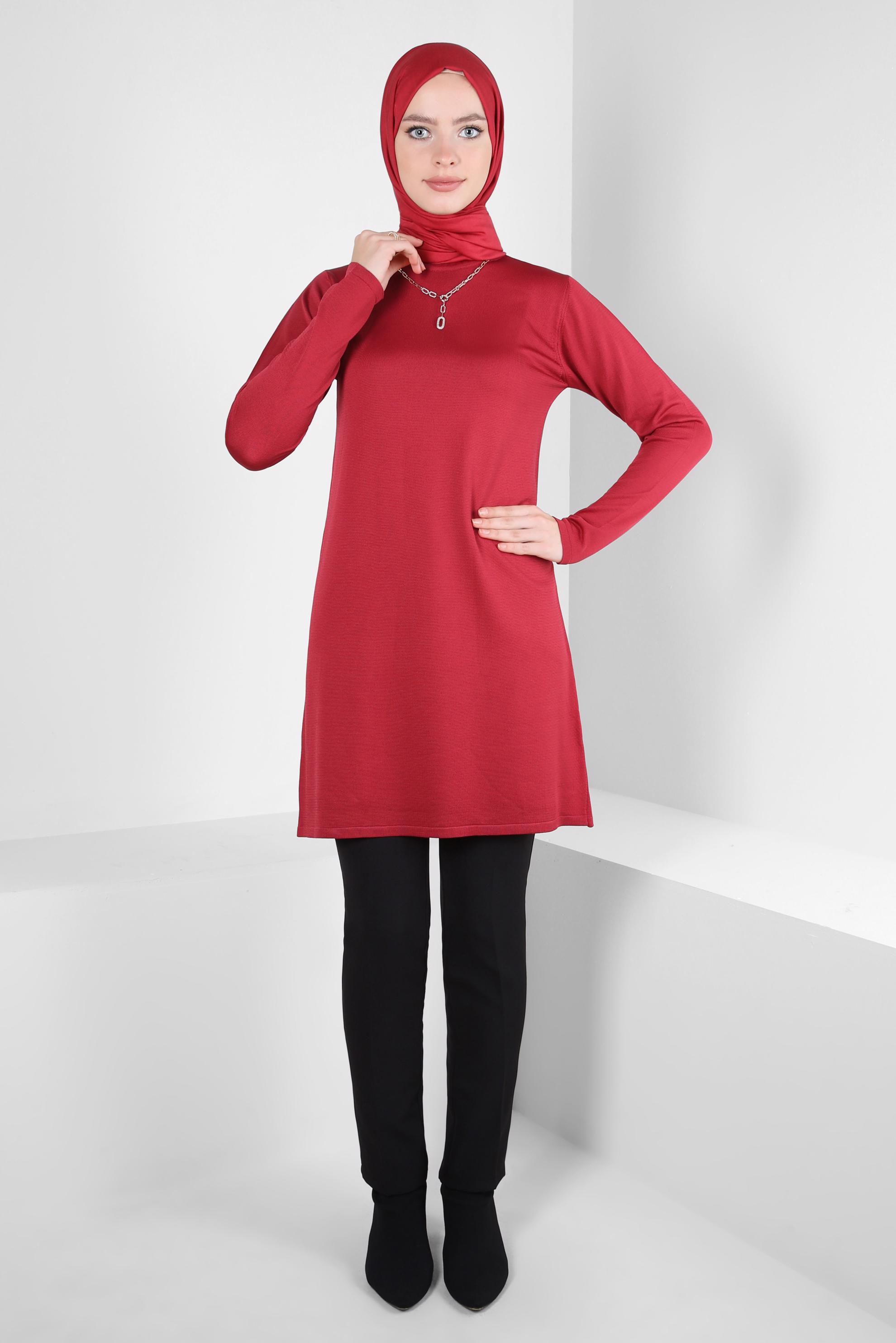 Tesettür giyim KIRMIZI BİSİKLET YAKA TRİKO TUNİK 44060