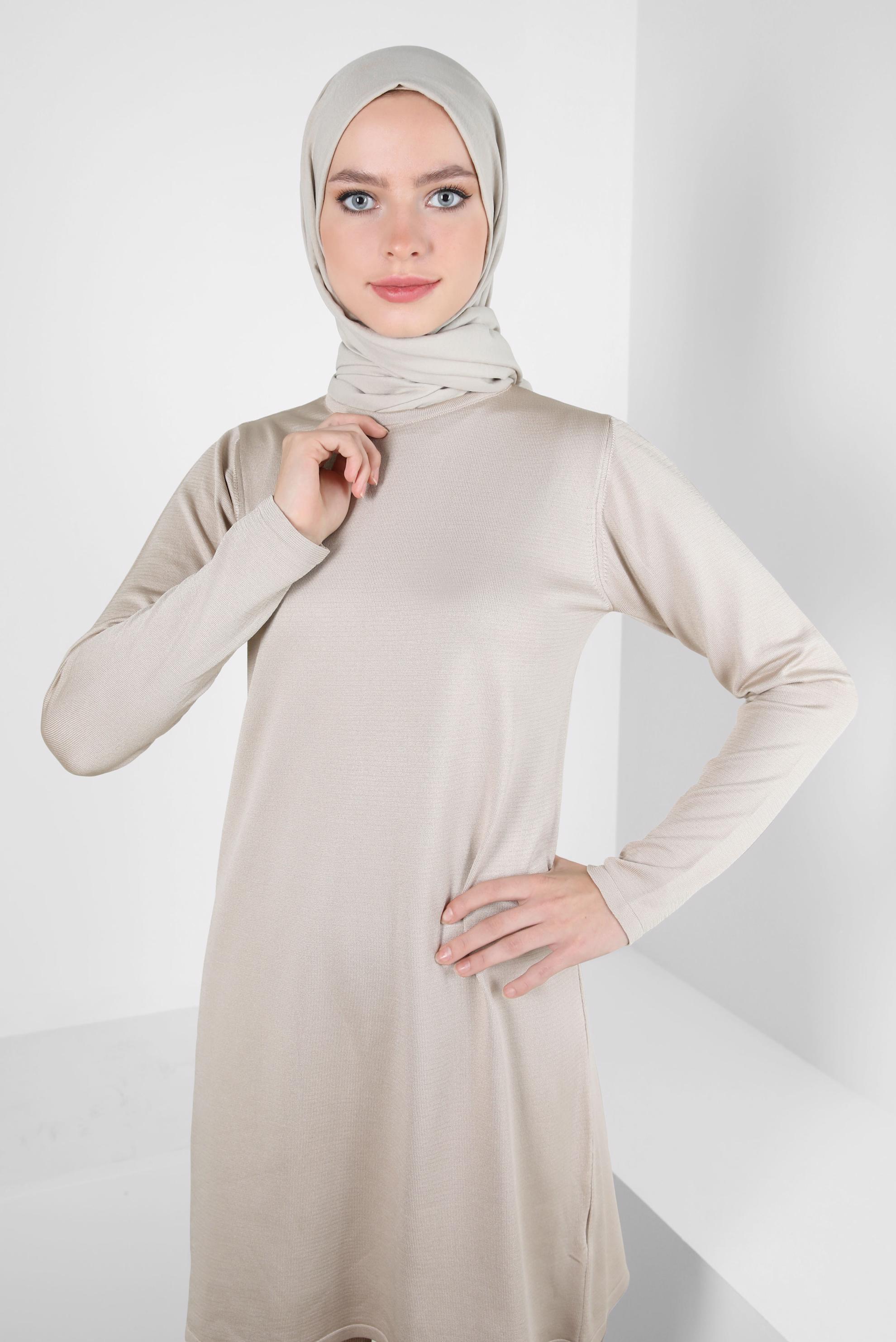 Tesettür giyim BEJ BİSİKLET YAKA TRİKO TUNİK 44060