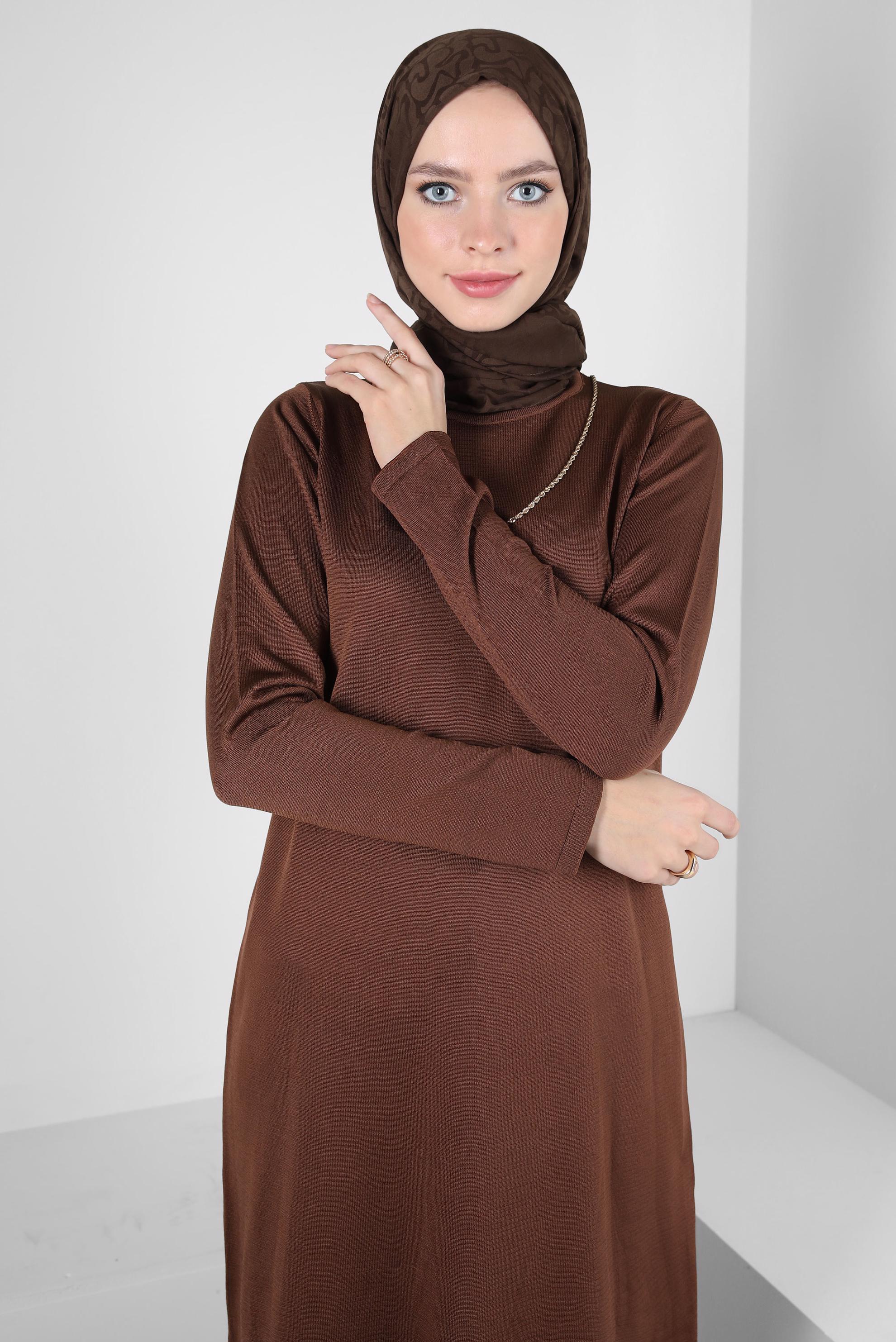 Tesettür giyim KAHVE BİSİKLET YAKA TRİKO TUNİK 44060