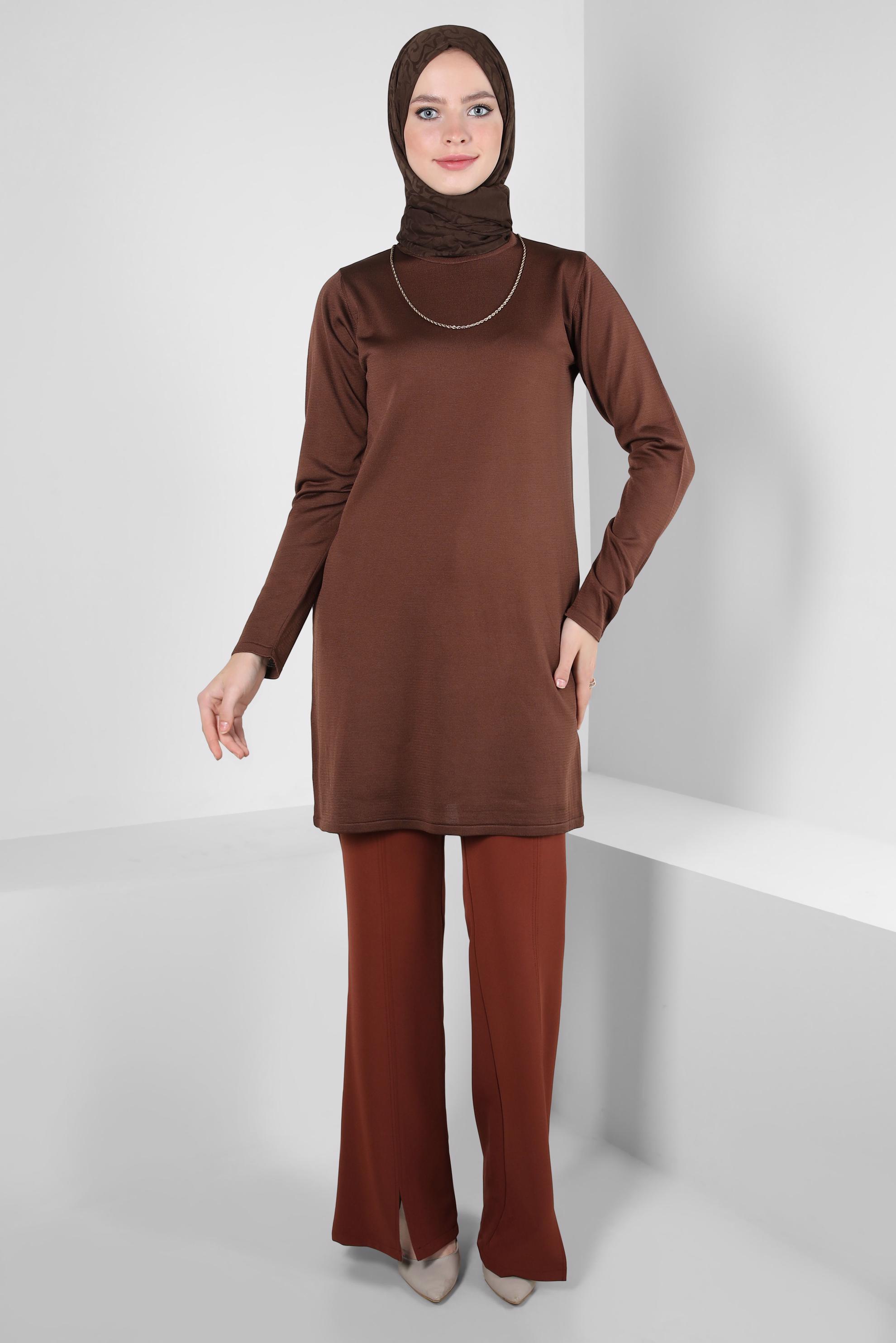 Tesettür giyim KAHVE BİSİKLET YAKA TRİKO TUNİK 44060