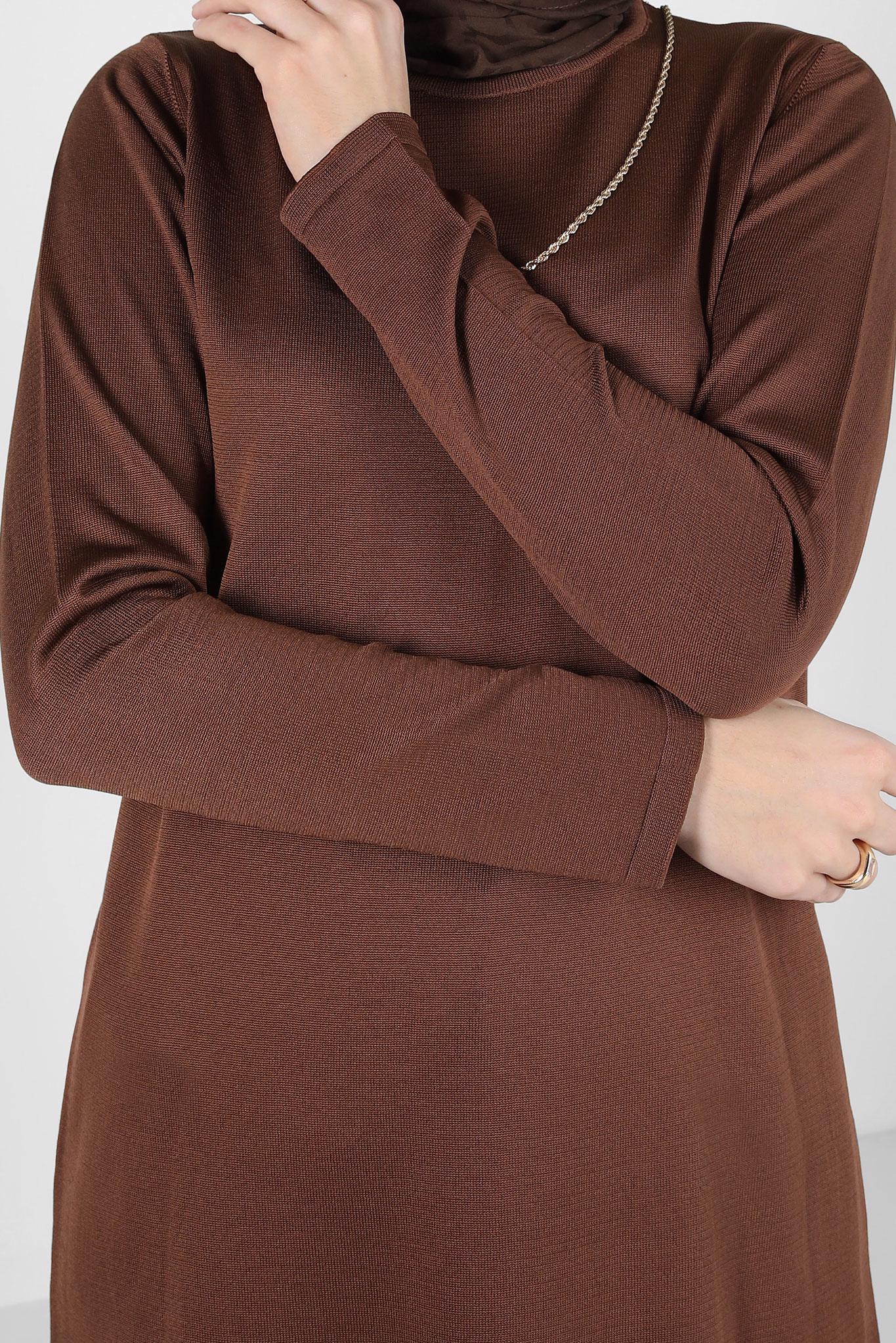 Tesettür giyim KAHVE BİSİKLET YAKA TRİKO TUNİK 44060