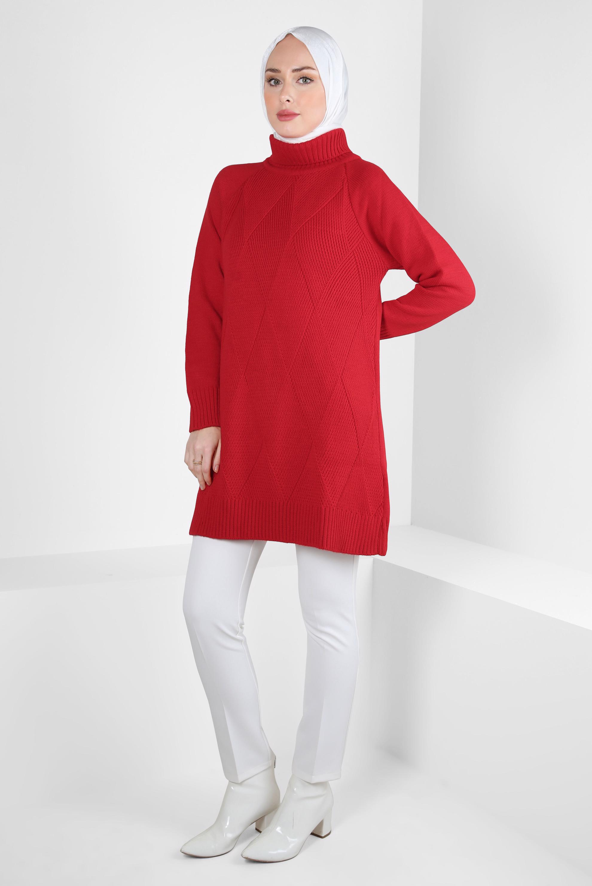 Tesettür giyim KIRMIZI BOĞAZLI YAKA TRİKO TUNİK 44061