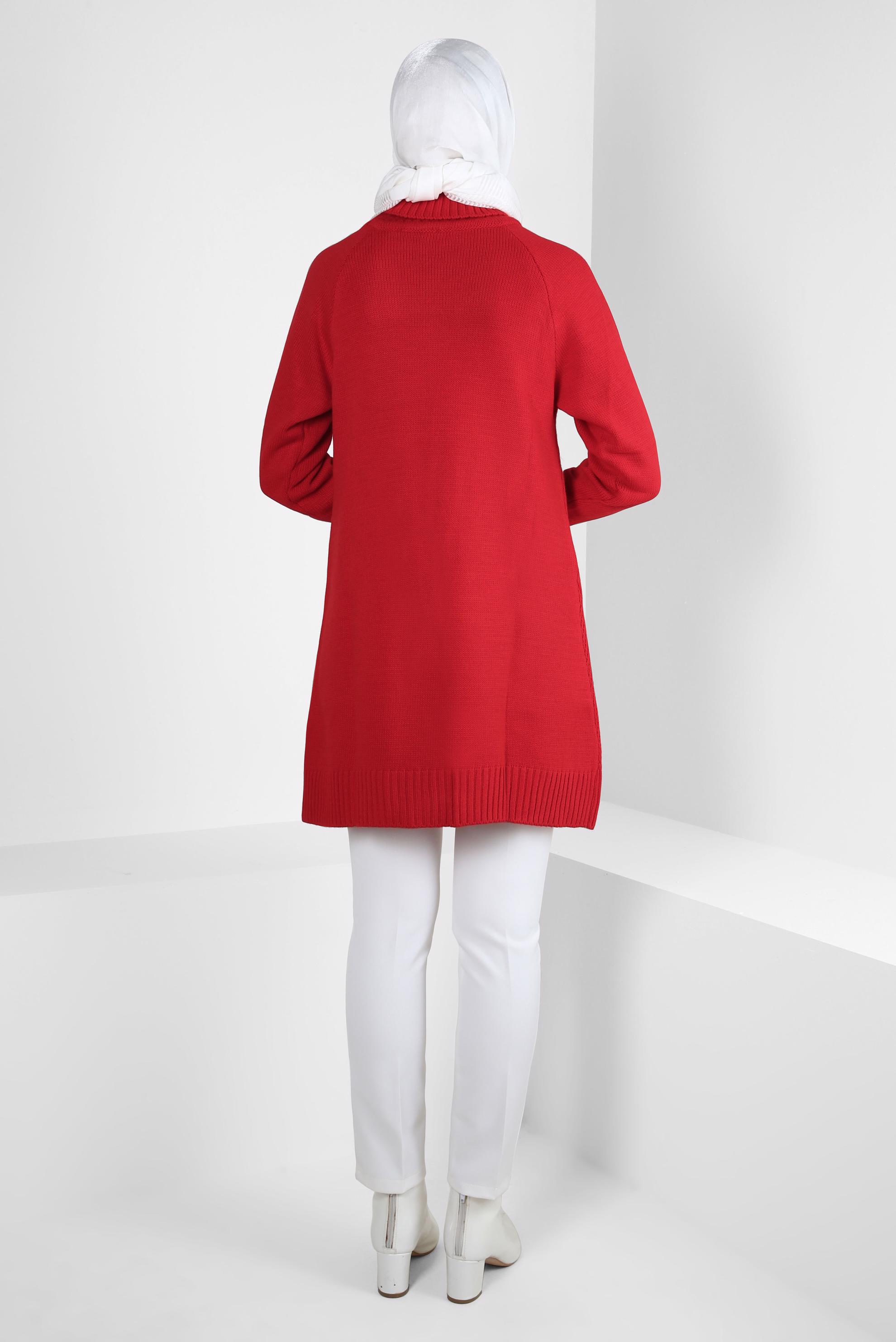 Tesettür giyim KIRMIZI BOĞAZLI YAKA TRİKO TUNİK 44061