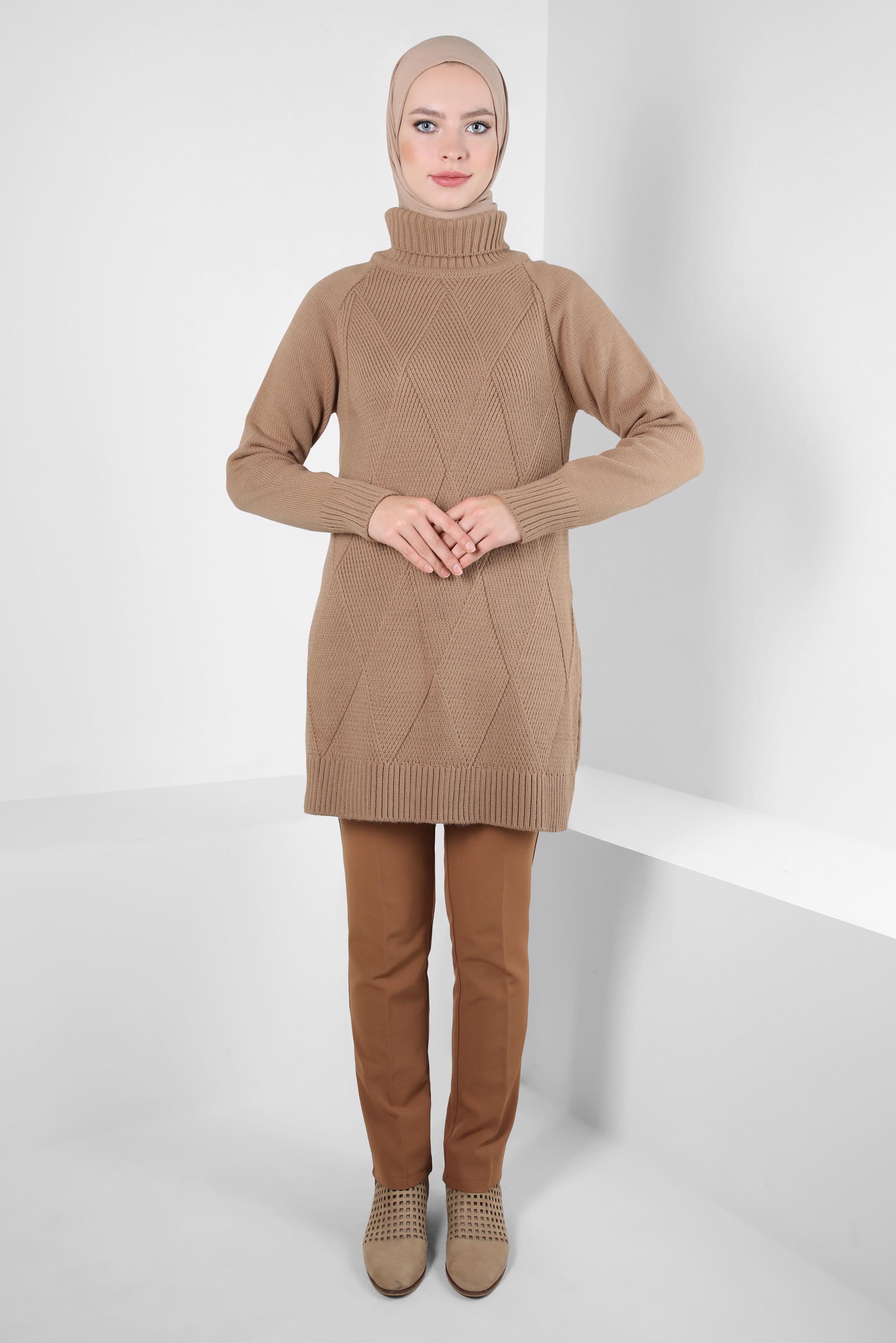 Tesettür giyim KAHVE BOĞAZLI YAKA TRİKO TUNİK 44061
