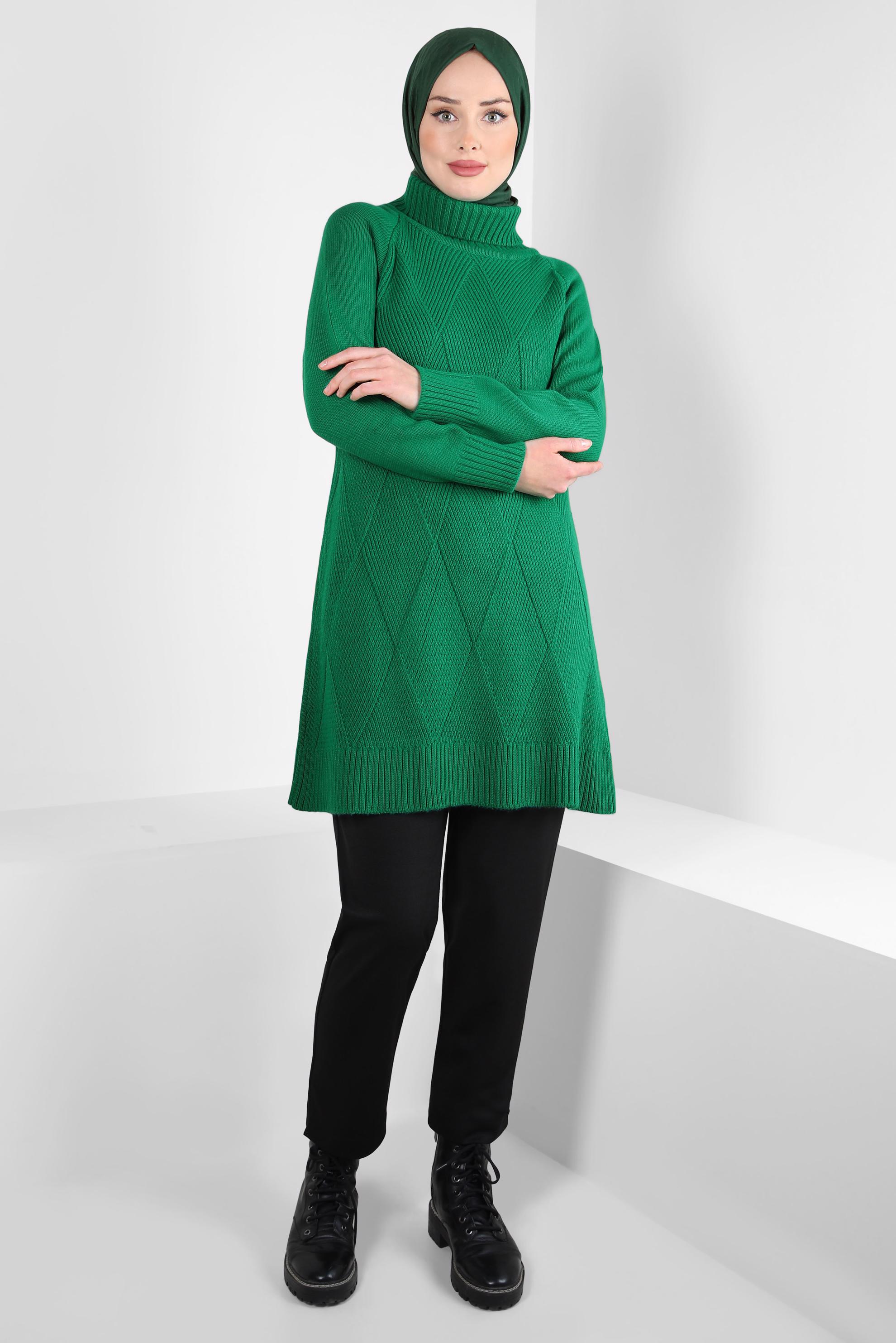 Tesettür giyim YEŞİL BOĞAZLI YAKA TRİKO TUNİK 44061