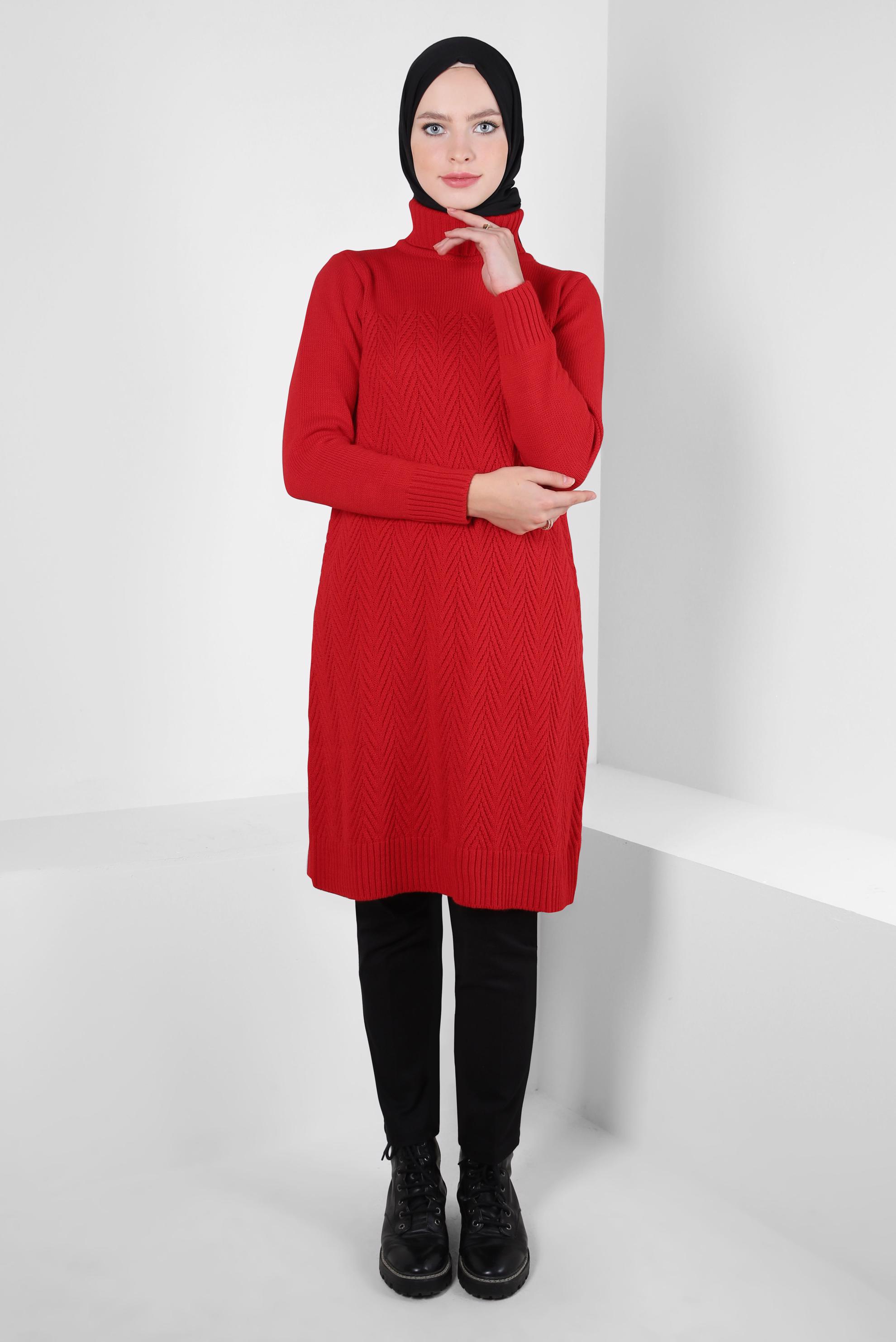 Tesettür giyim KIRMIZI TRİKO TUNİK 44062