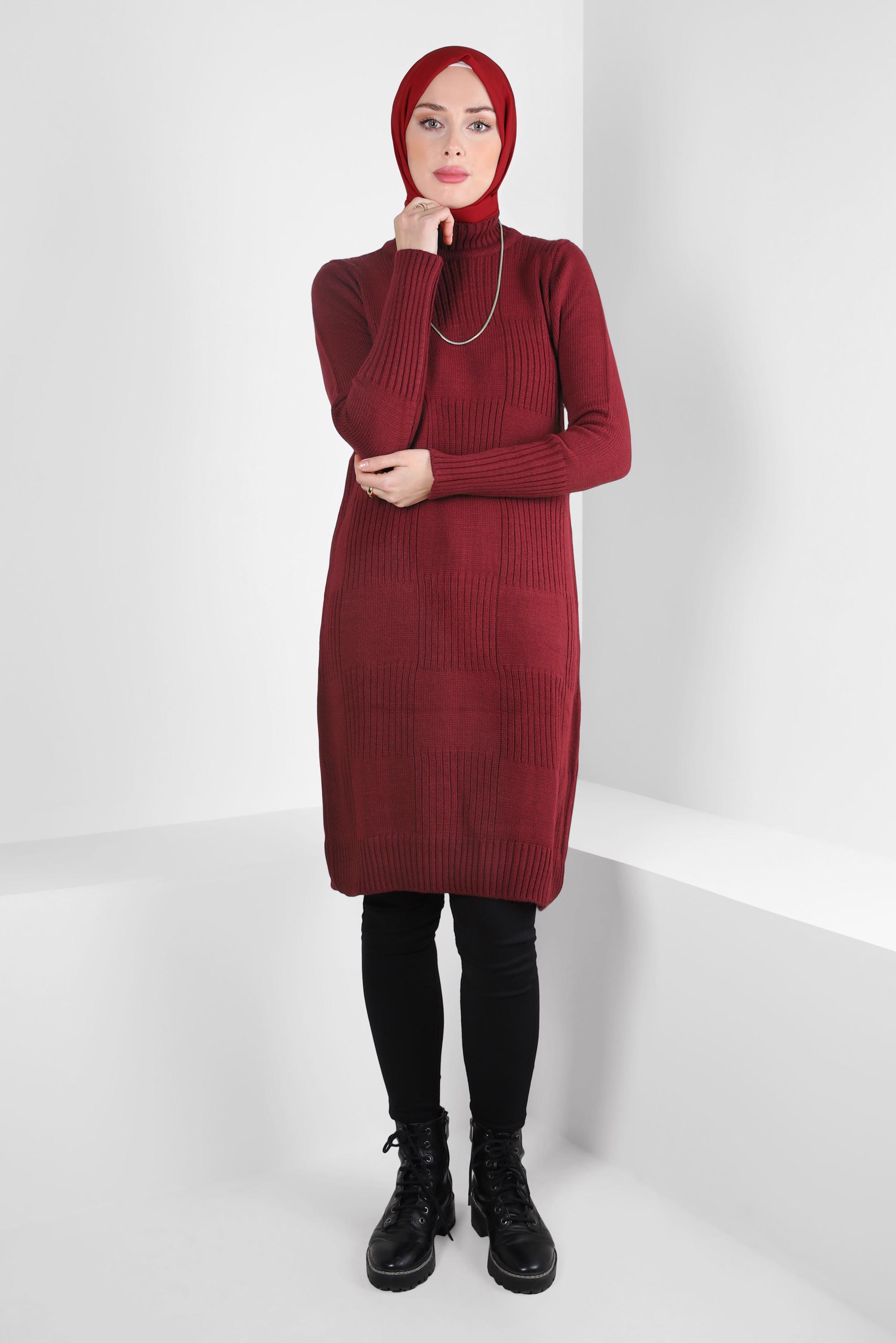 Tesettür giyim BORDO BOĞAZLI YAKA TRİKO TUNİK 44063