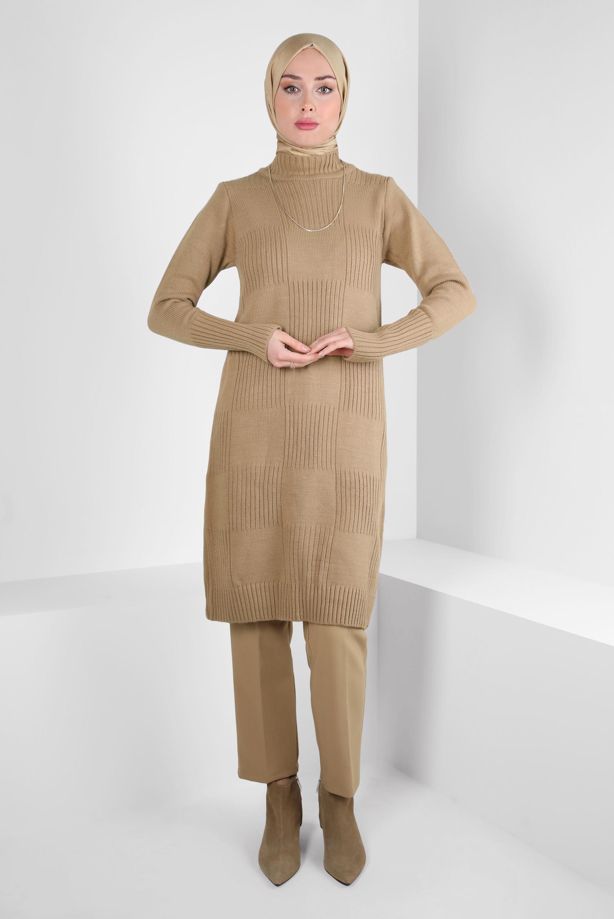 Tesettür giyim KAHVE BOĞAZLI YAKA TRİKO TUNİK 44063