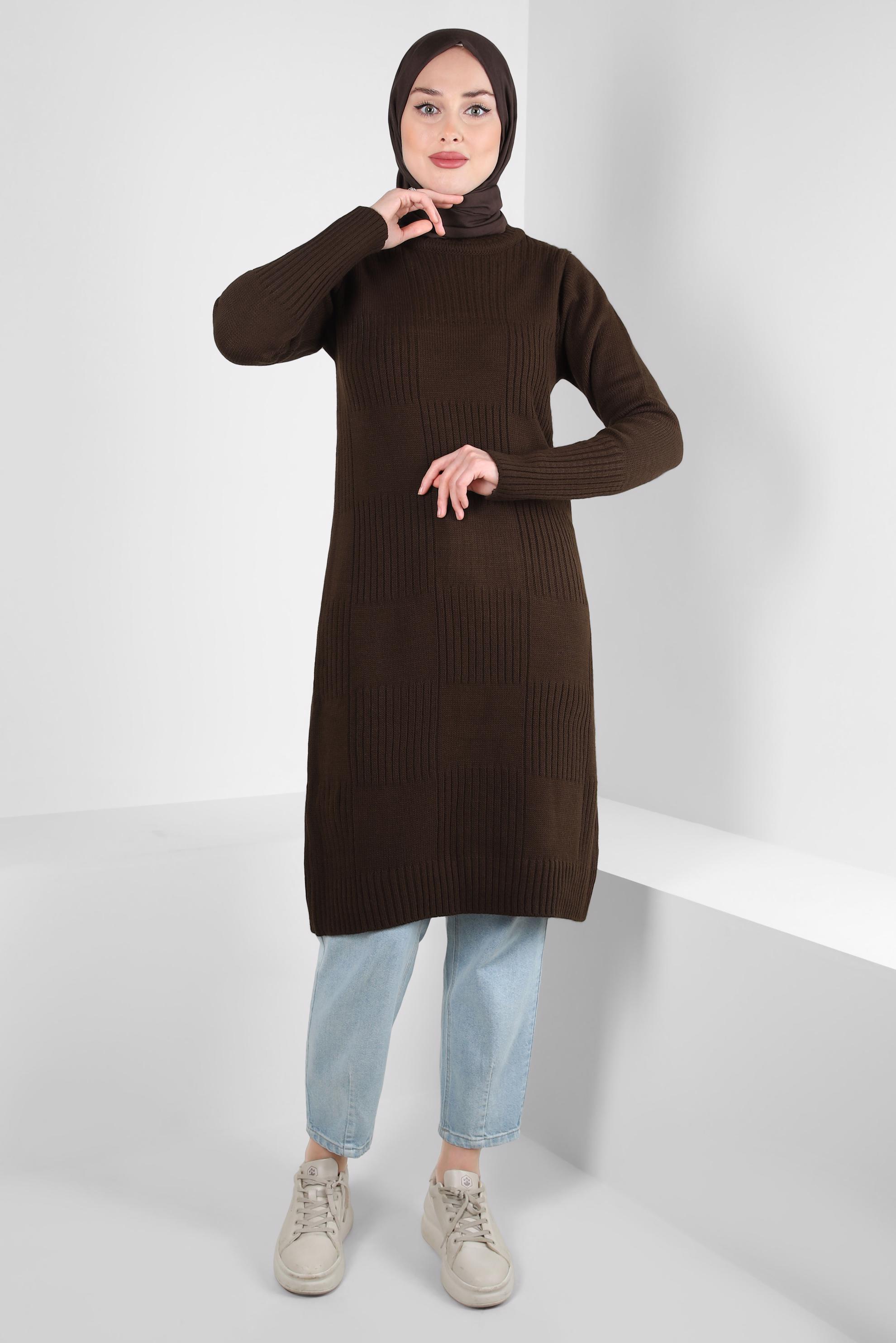 Tesettür giyim KAHVE BOĞAZLI YAKA TRİKO TUNİK 44063
