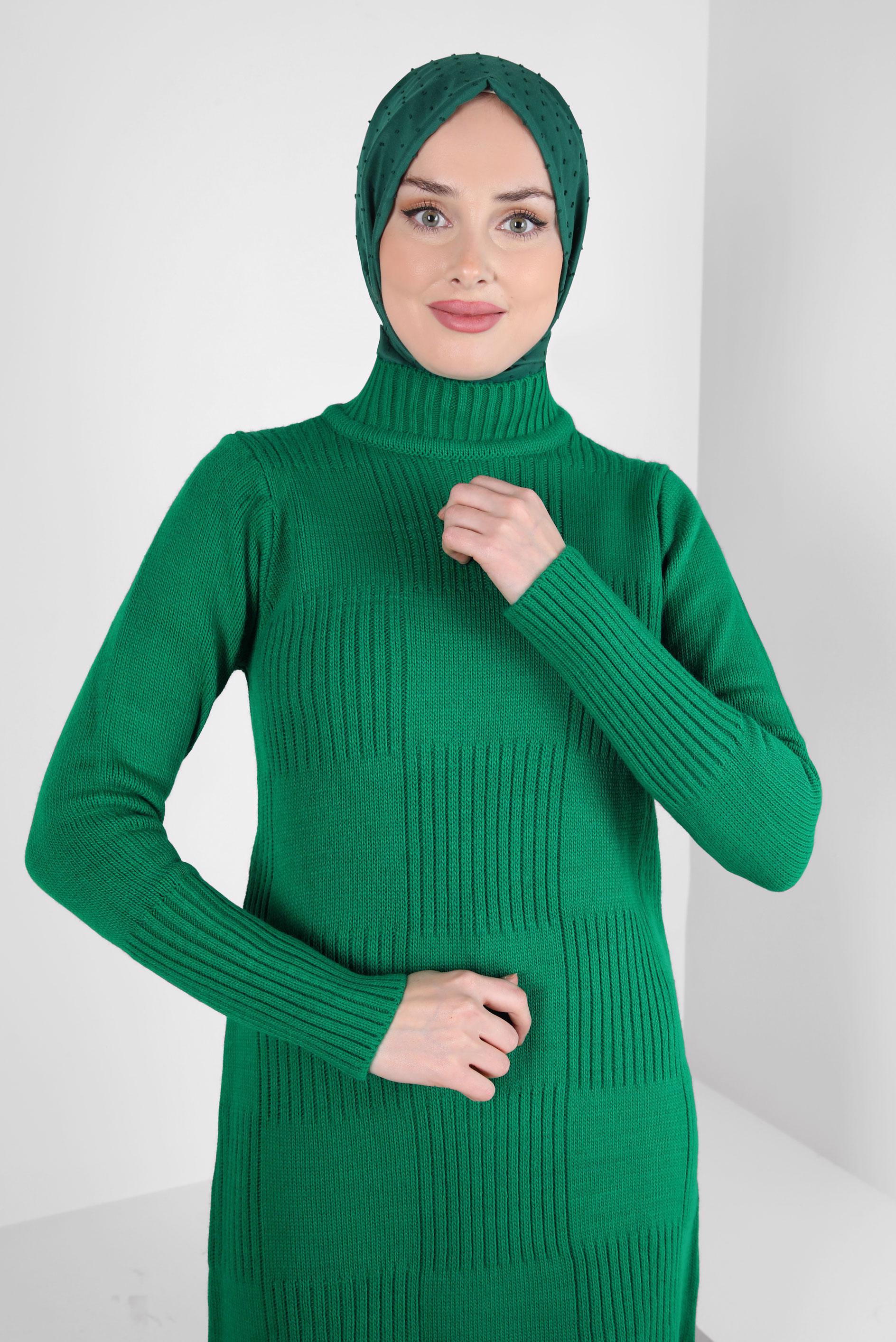 Tesettür giyim YEŞİL BOĞAZLI YAKA TRİKO TUNİK 44063