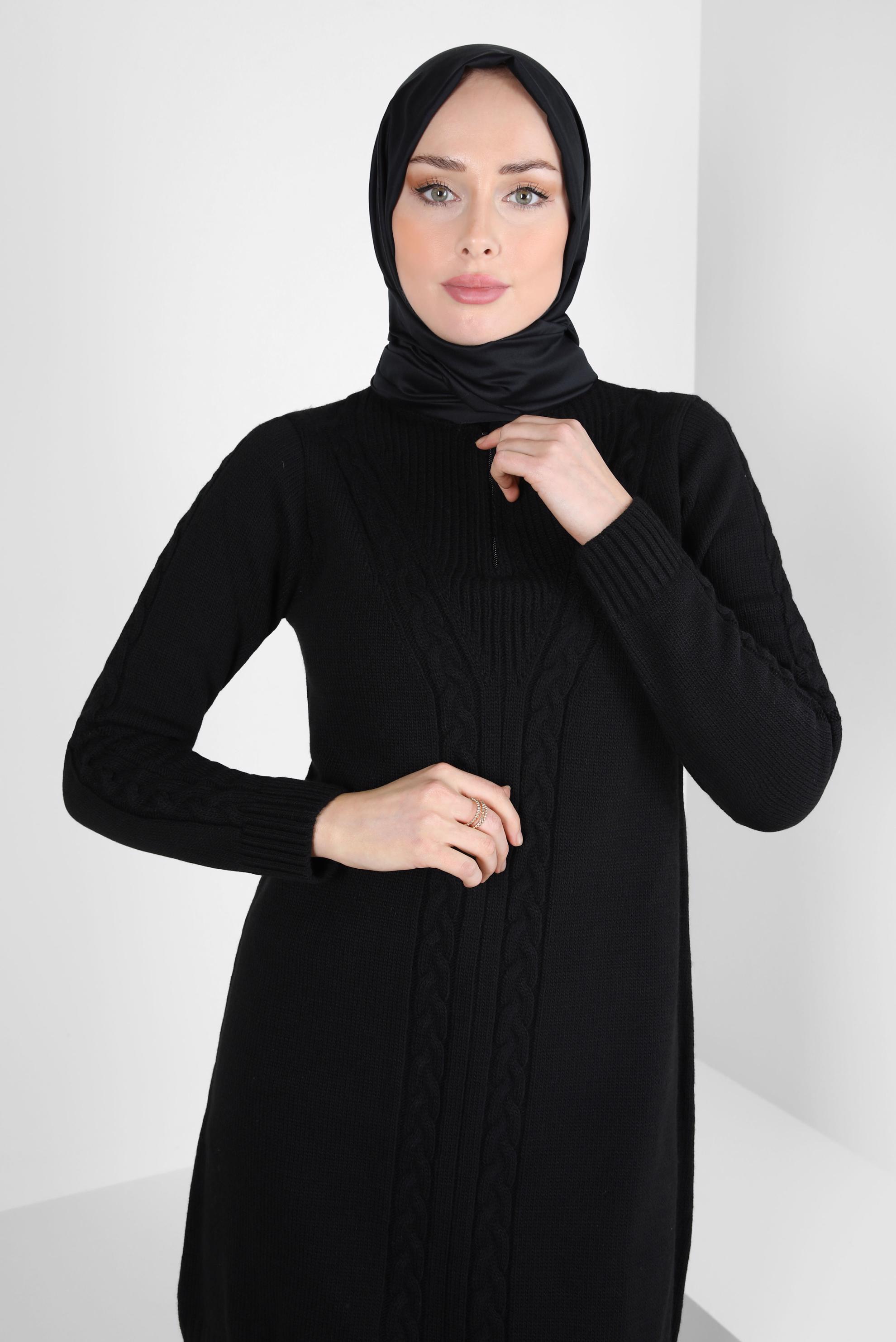 Tesettür giyim SİYAH FERMUARLI YAKA TRİKO TUNİK 44064