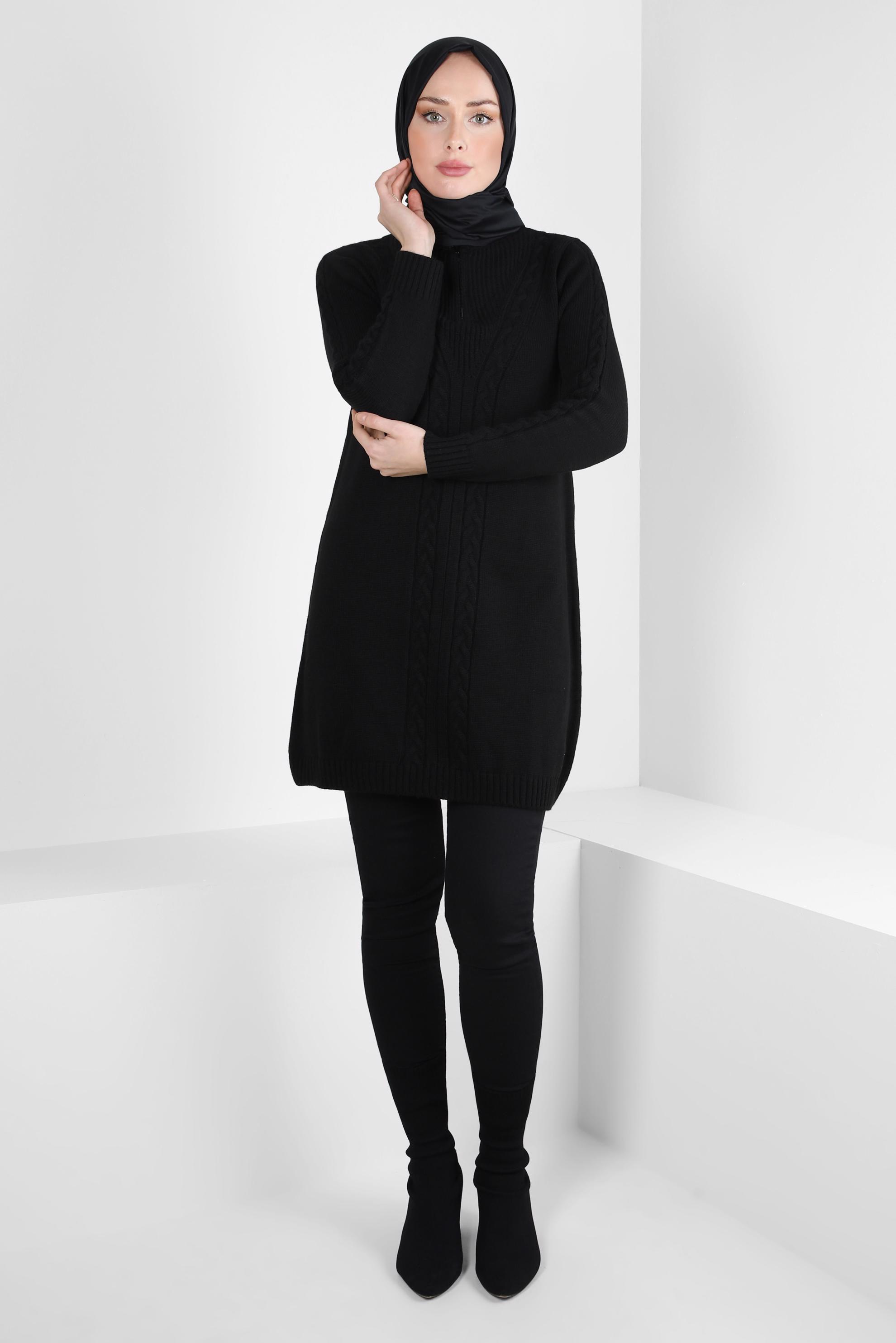 Tesettür giyim SİYAH FERMUARLI YAKA TRİKO TUNİK 44064