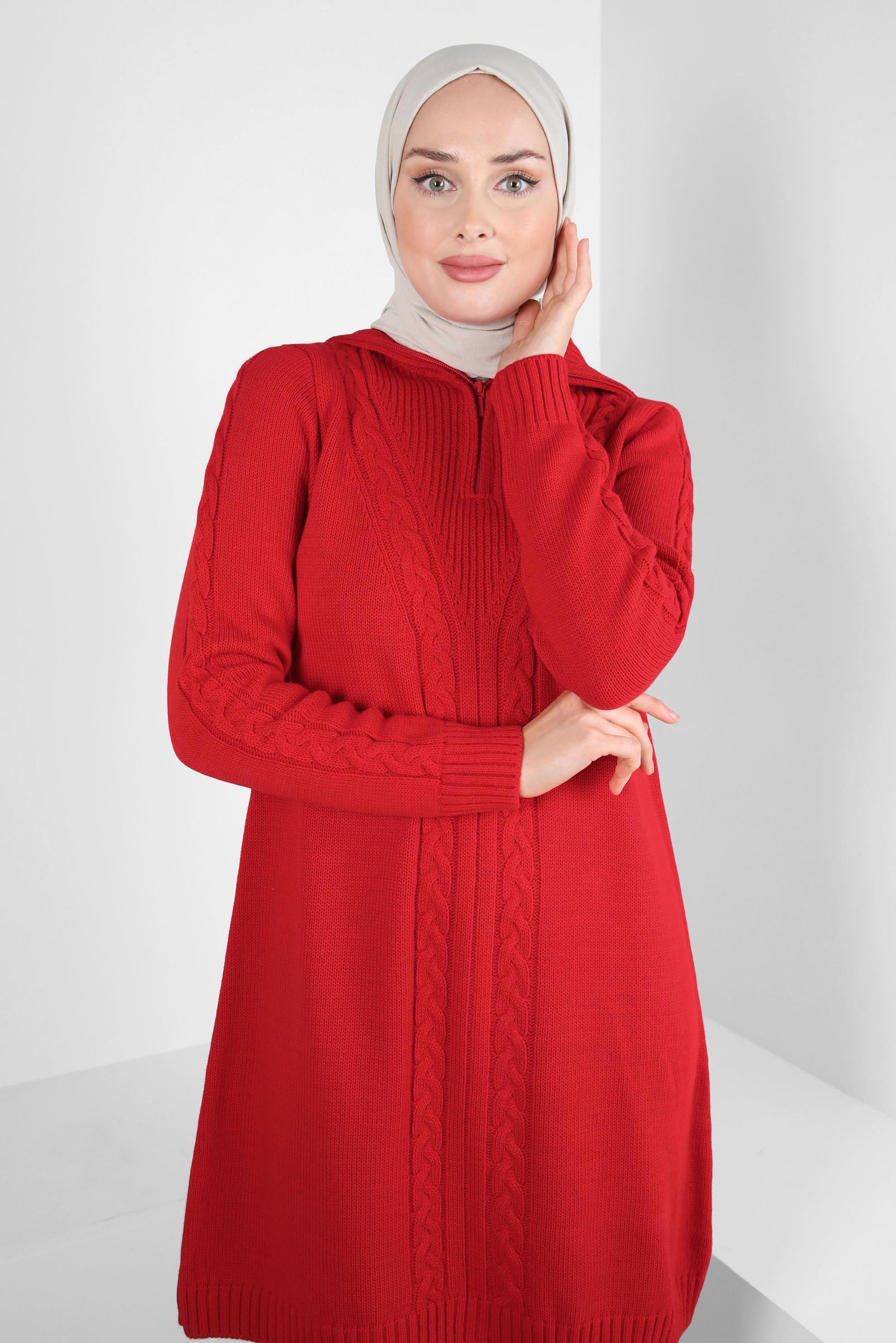 Tesettür giyim KIRMIZI FERMUARLI YAKA TRİKO TUNİK 44064