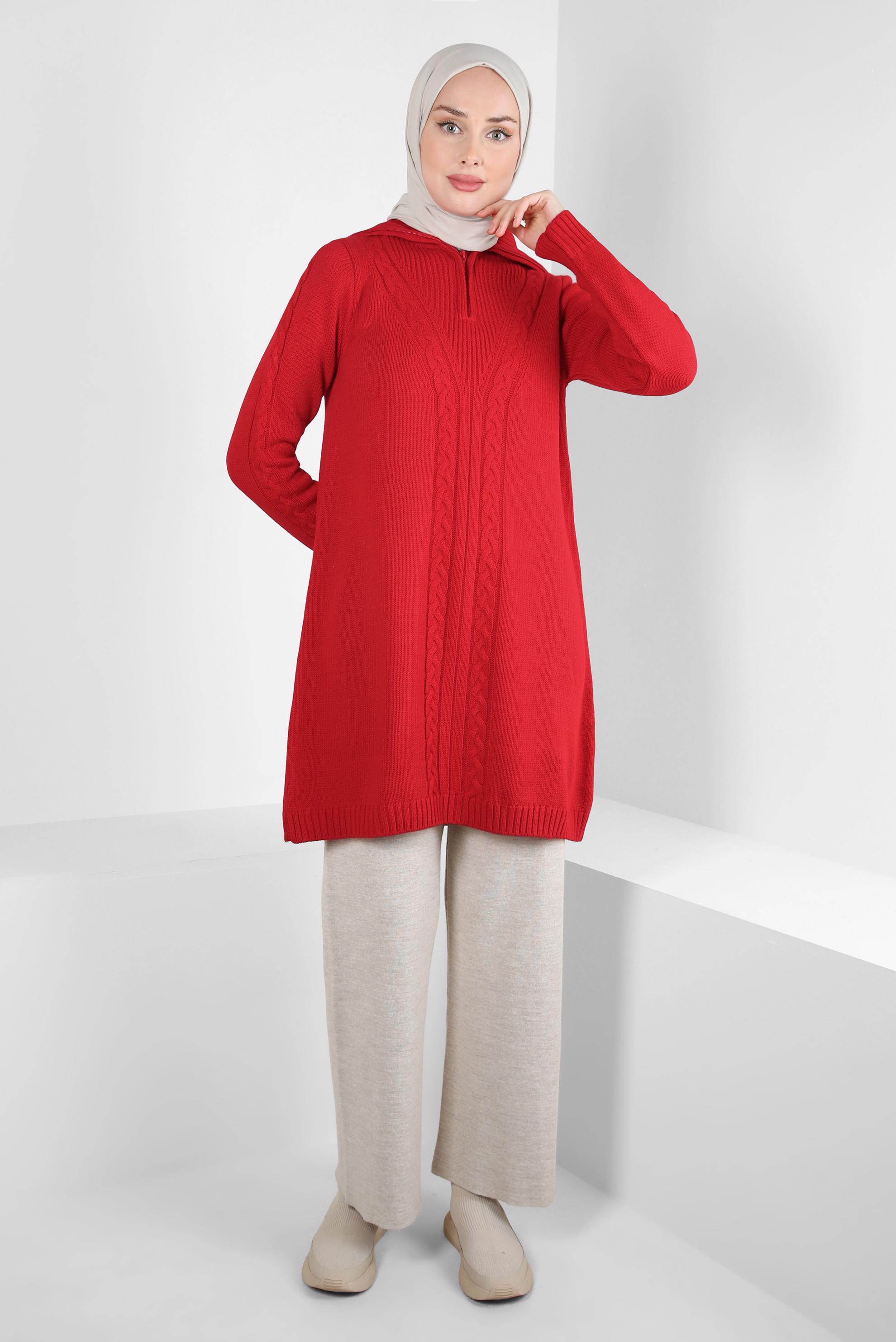 Tesettür giyim KIRMIZI FERMUARLI YAKA TRİKO TUNİK 44064
