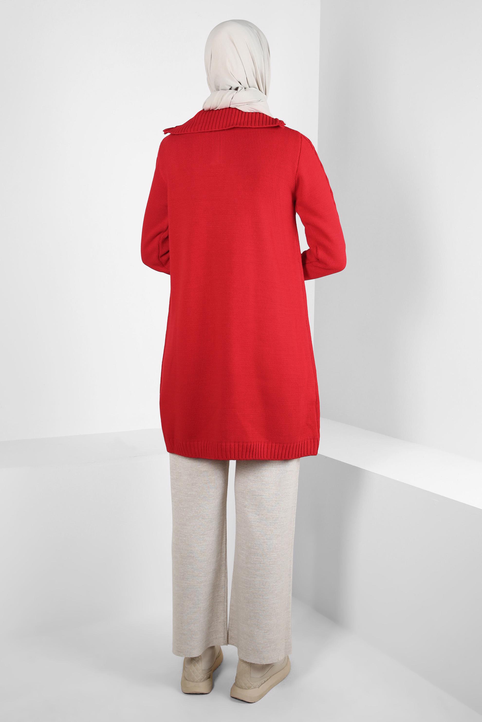 Tesettür giyim KIRMIZI FERMUARLI YAKA TRİKO TUNİK 44064