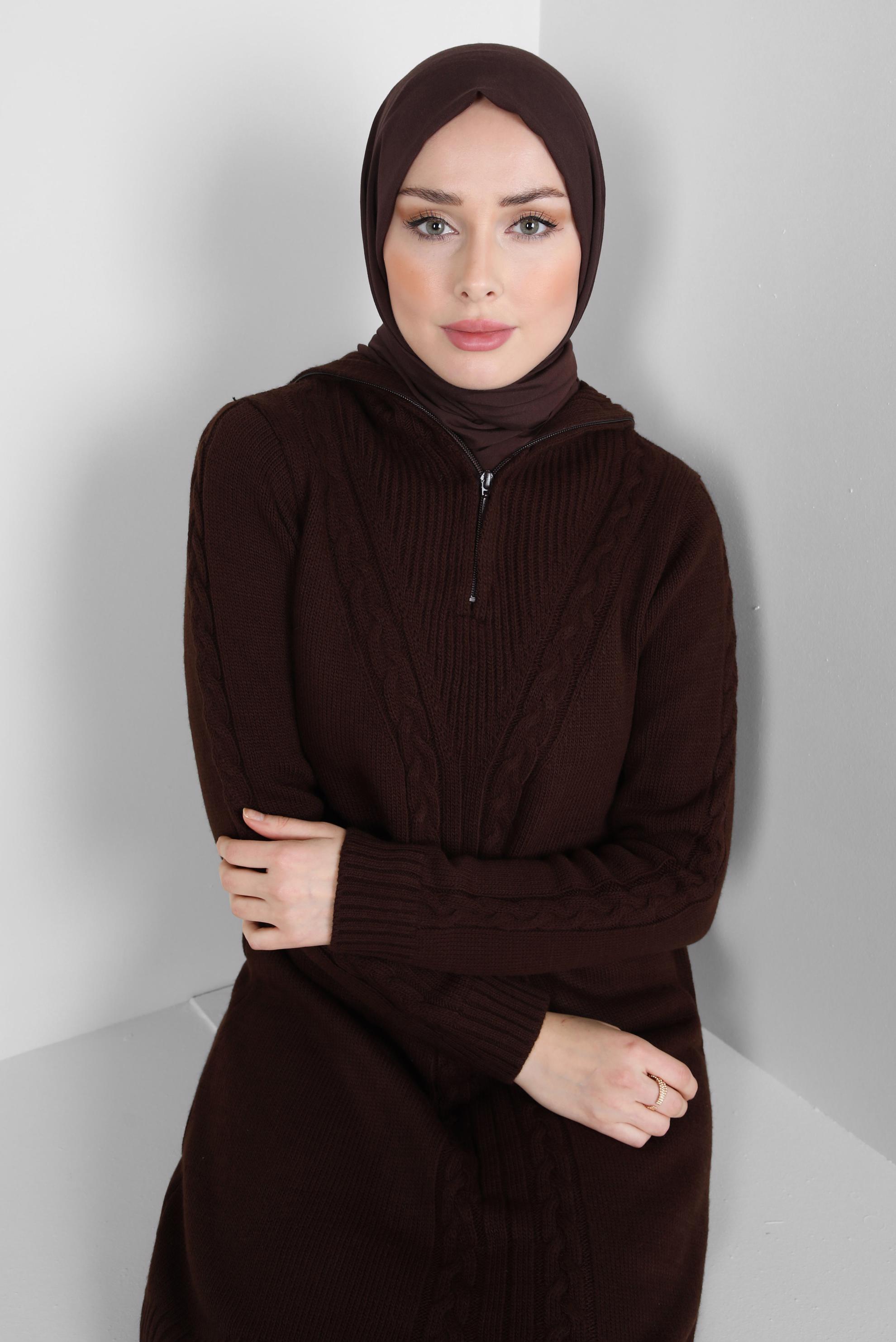 Tesettür giyim KAHVE FERMUARLI YAKA TRİKO TUNİK 44064