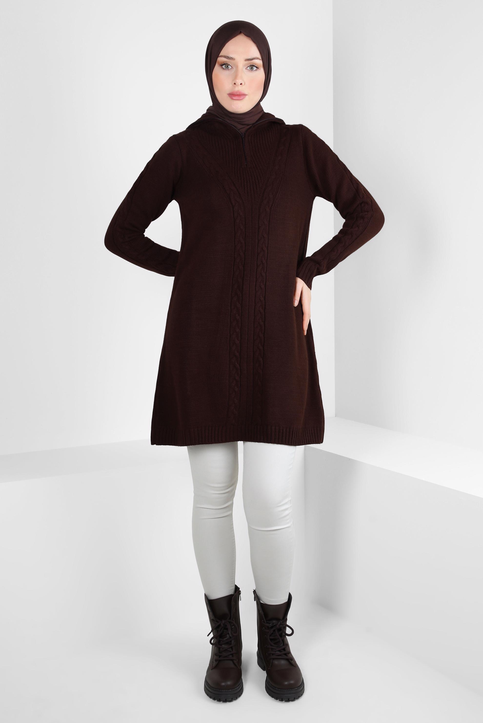 Tesettür giyim KAHVE FERMUARLI YAKA TRİKO TUNİK 44064