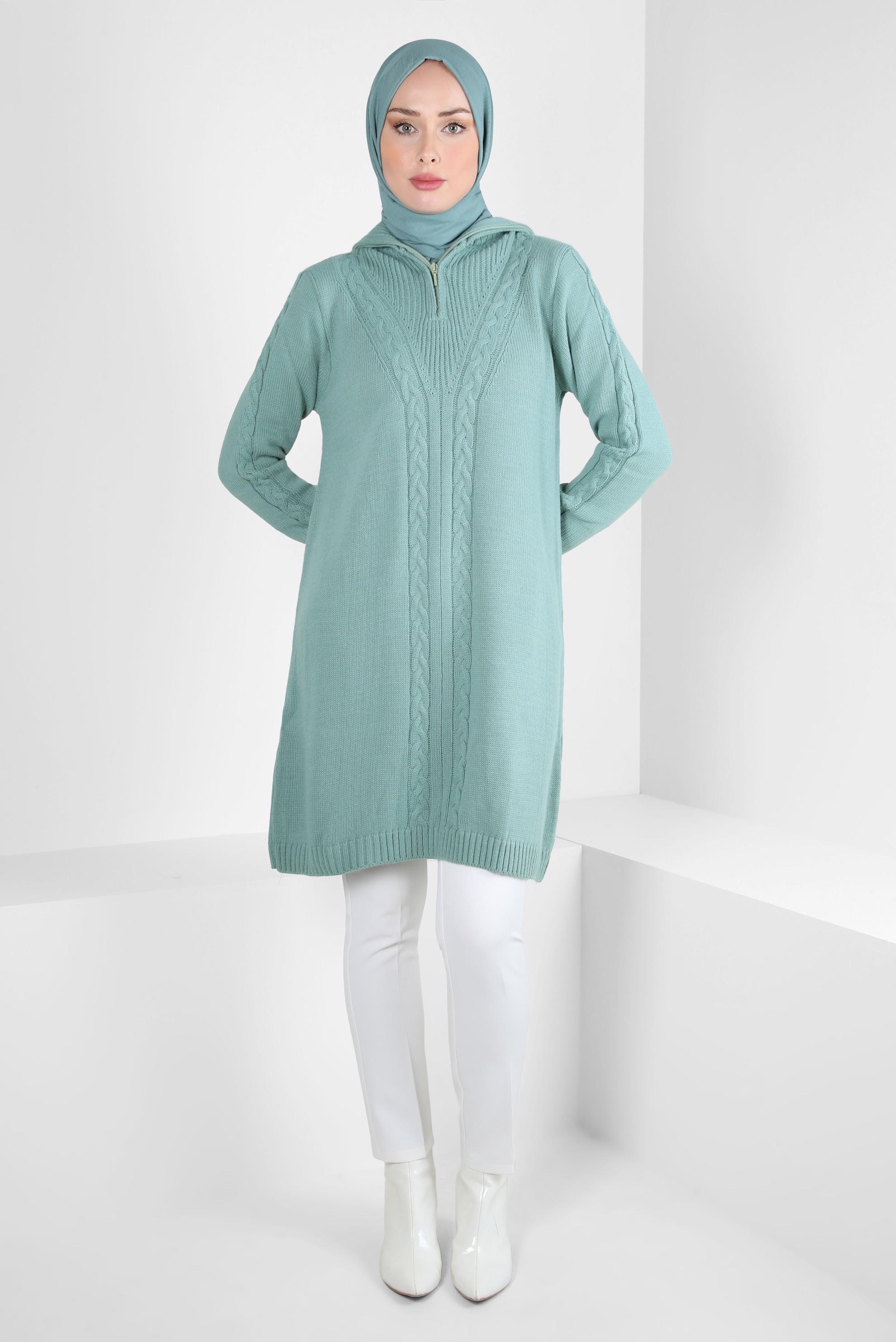 Tesettür giyim MAVİ FERMUARLI YAKA TRİKO TUNİK 44064