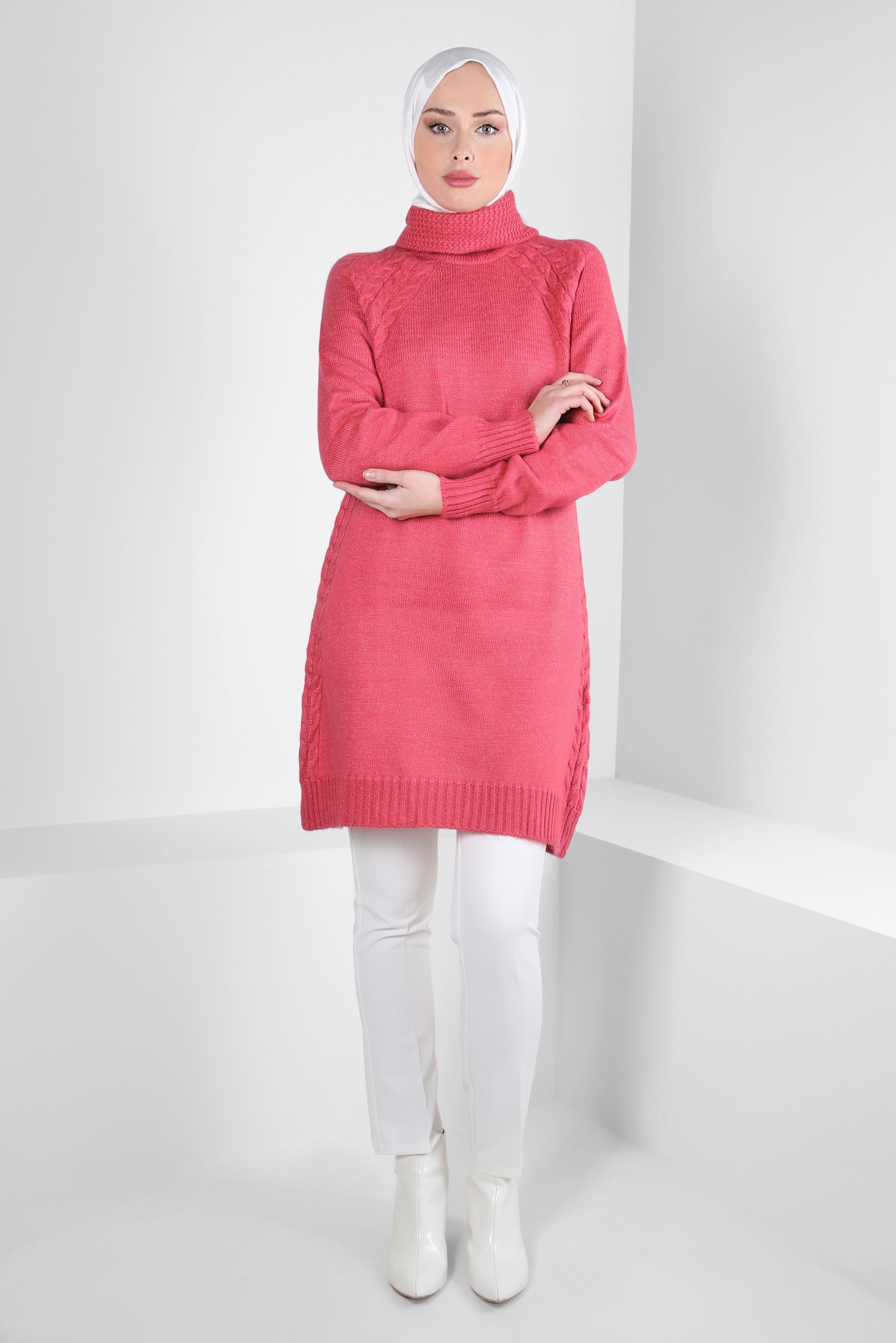 Tesettür giyim FUŞYA BOĞAZLI YAKA TRİKO TUNİK 44065