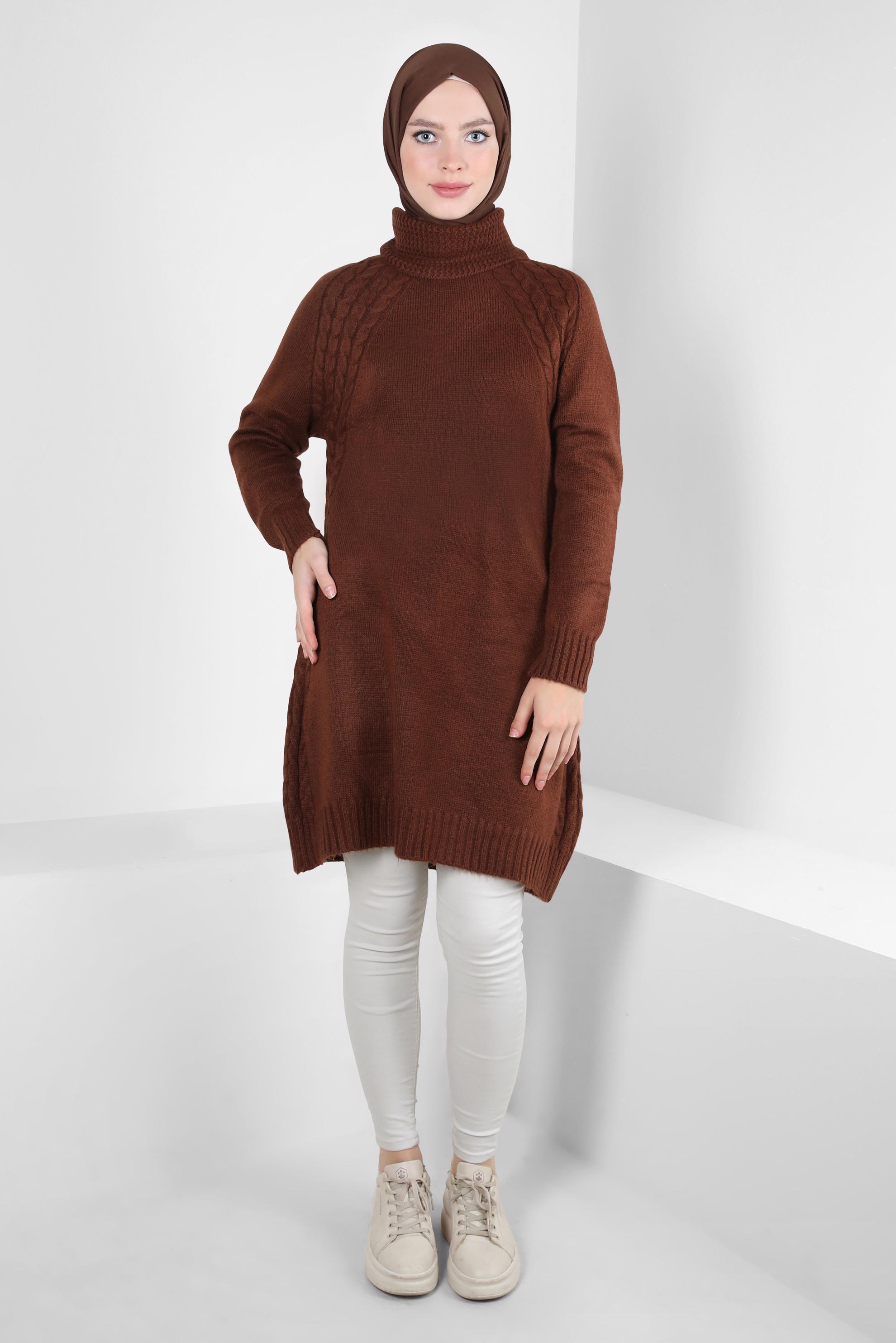 Tesettür giyim KAHVE BOĞAZLI YAKA TRİKO TUNİK 44065