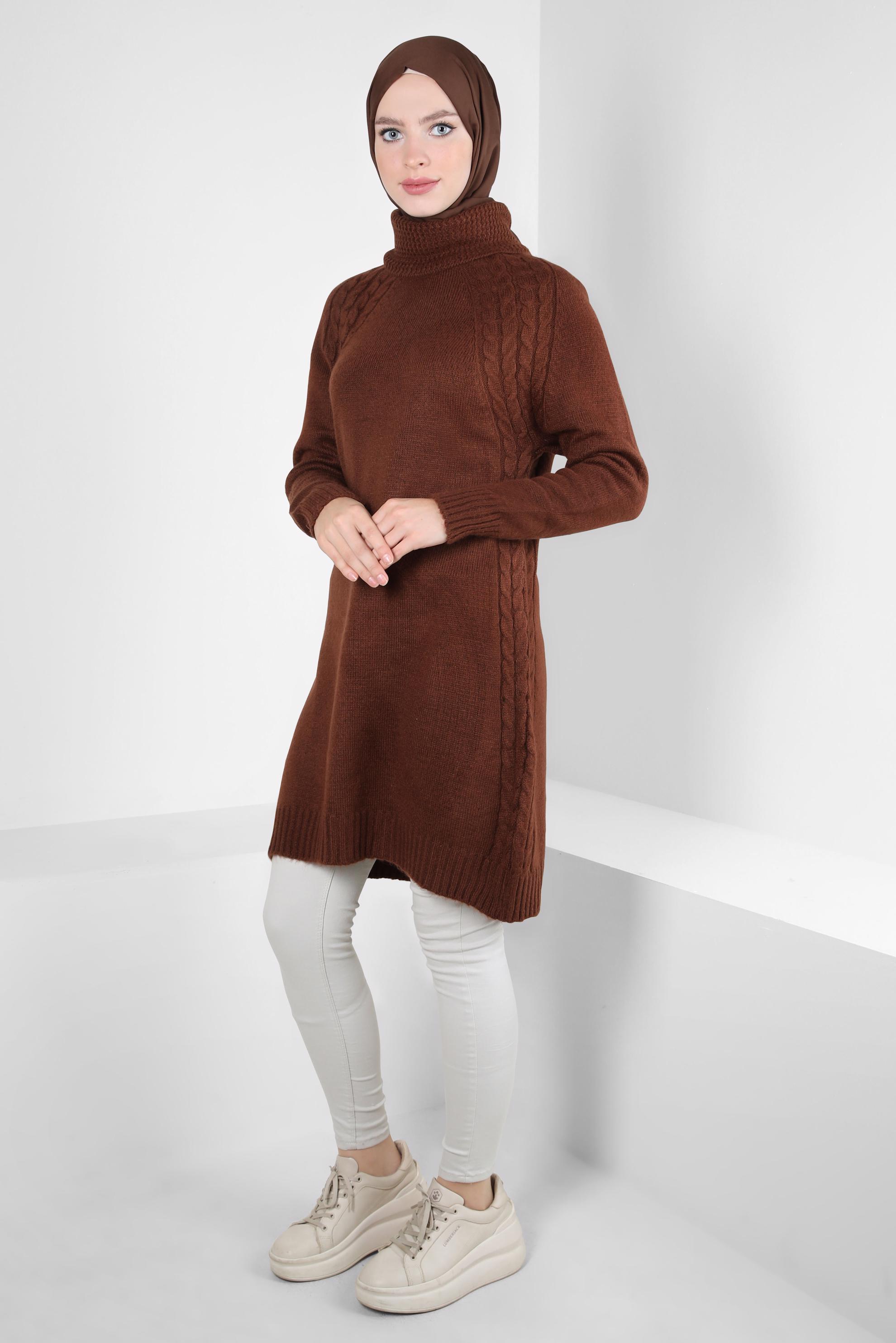 Tesettür giyim KAHVE BOĞAZLI YAKA TRİKO TUNİK 44065