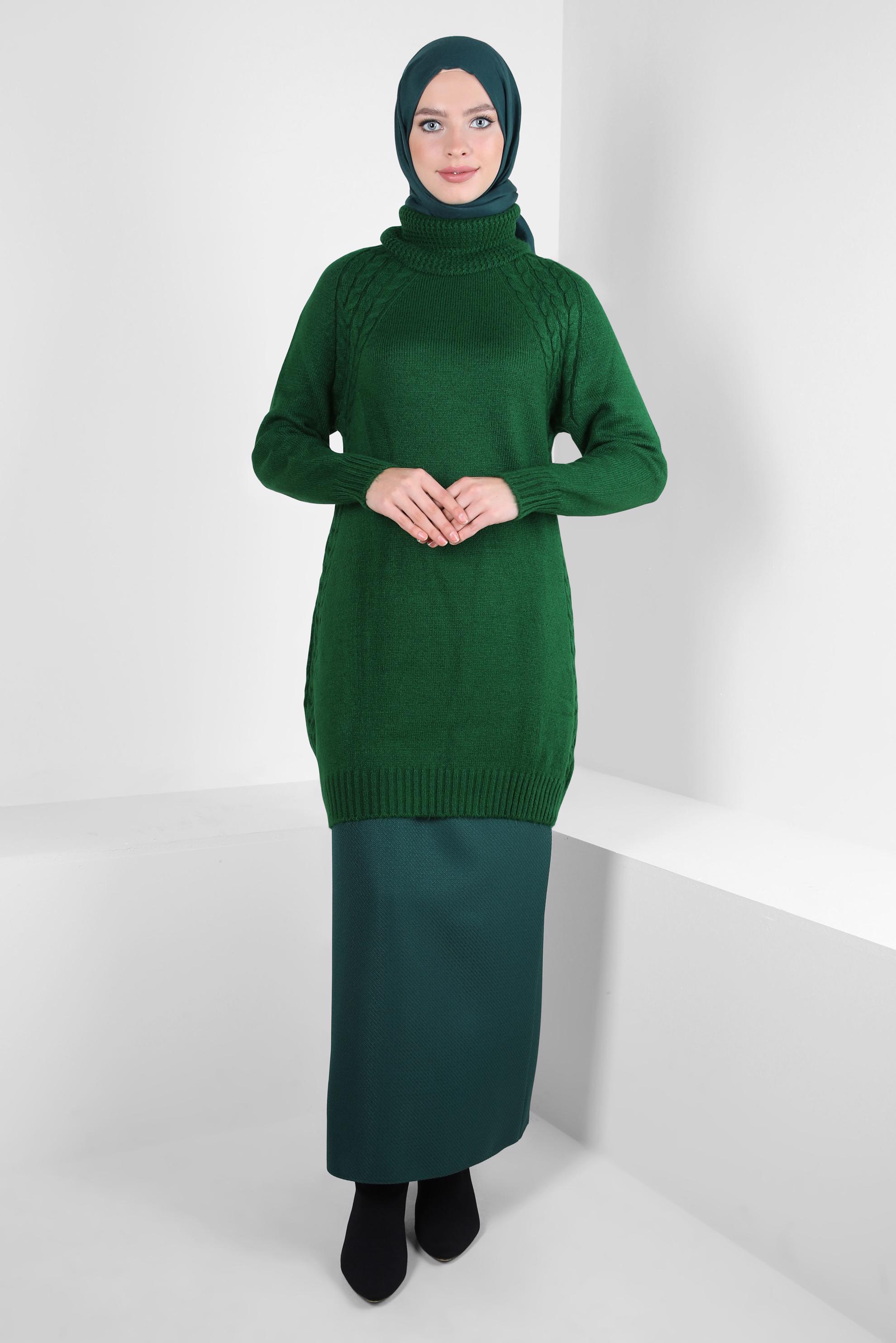 Tesettür giyim YEŞİL BOĞAZLI YAKA TRİKO TUNİK 44065