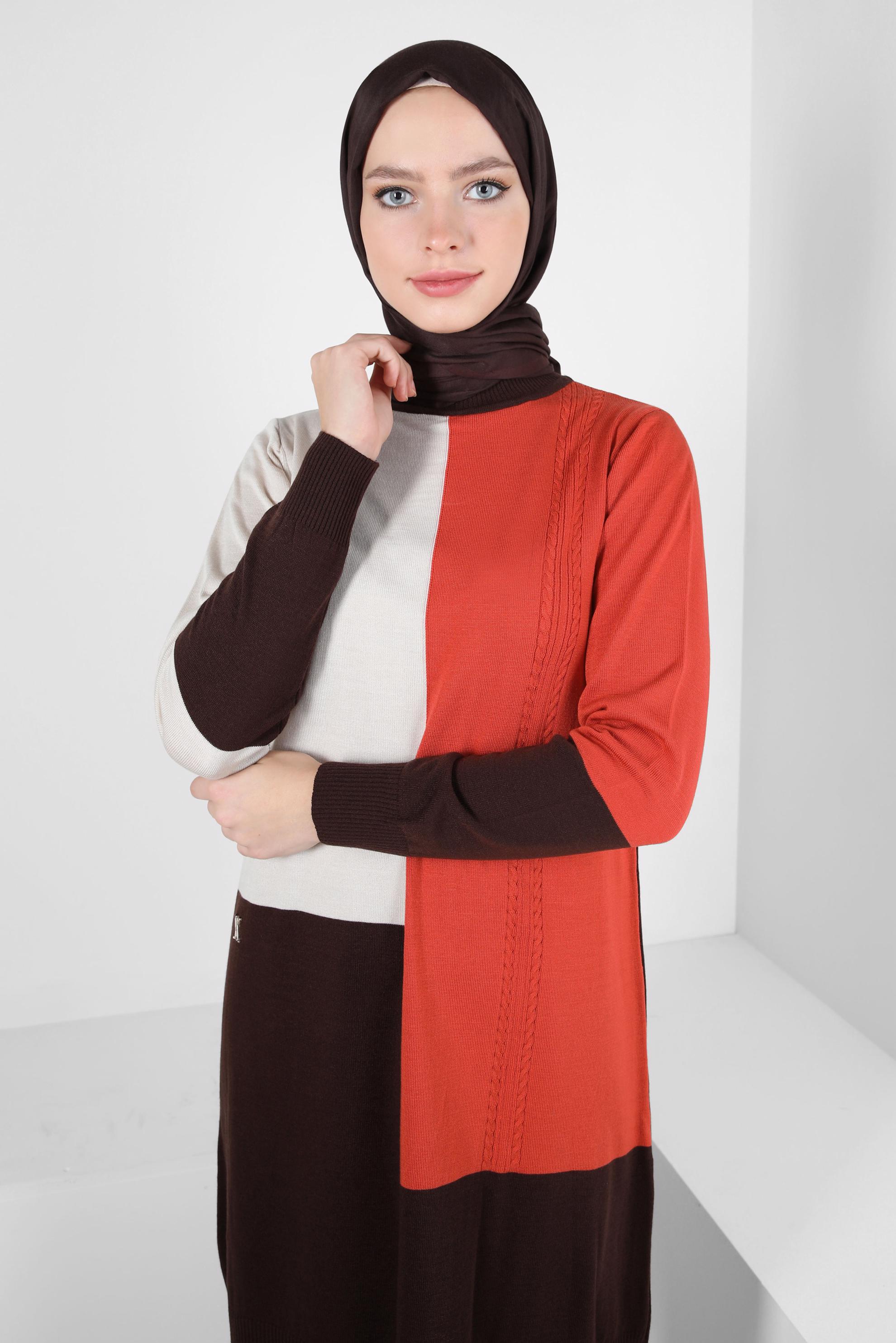 Tesettür giyim KAHVE RENK BLOKLU TRİKO TUNİK 44067