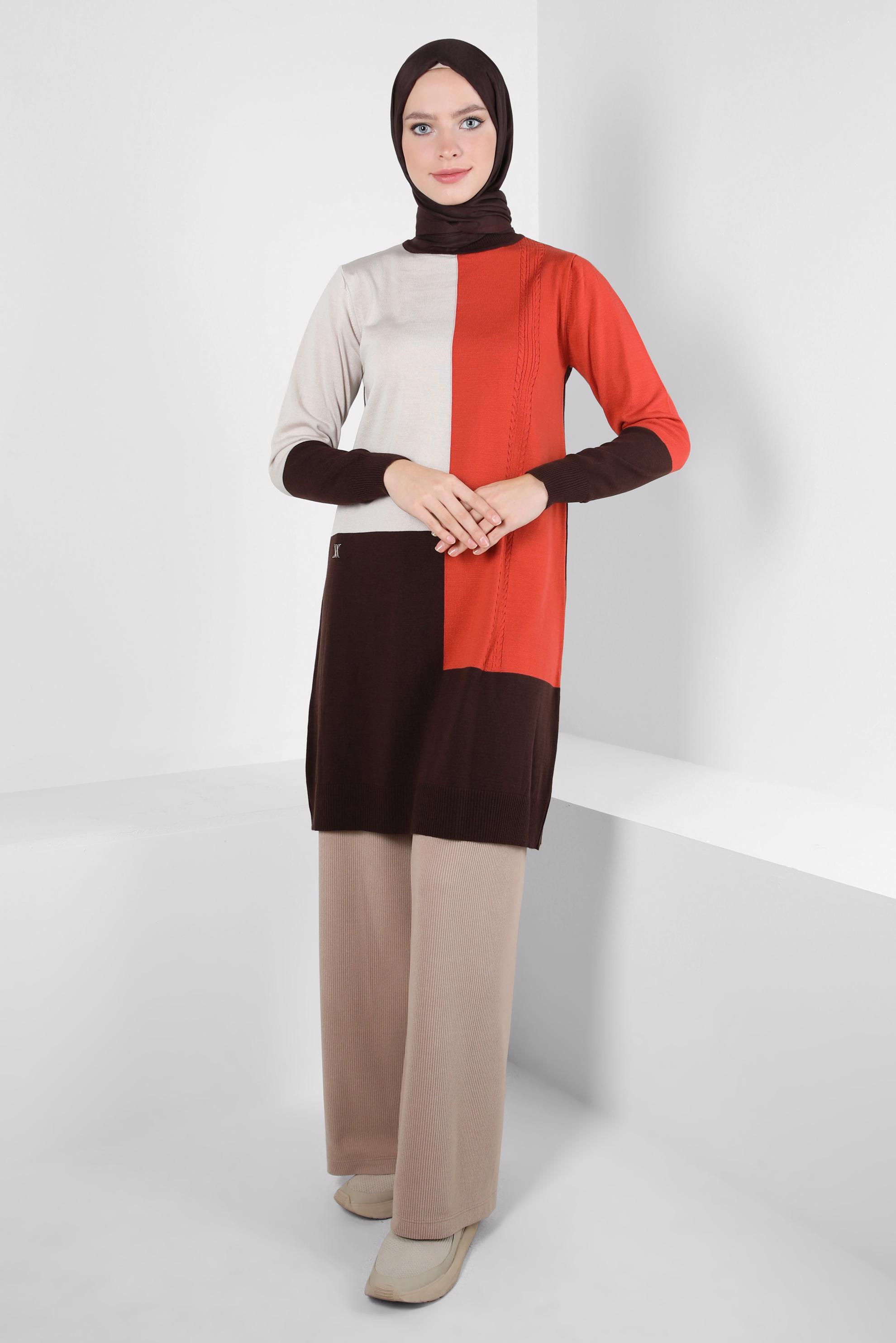Tesettür giyim KAHVE RENK BLOKLU TRİKO TUNİK 44067