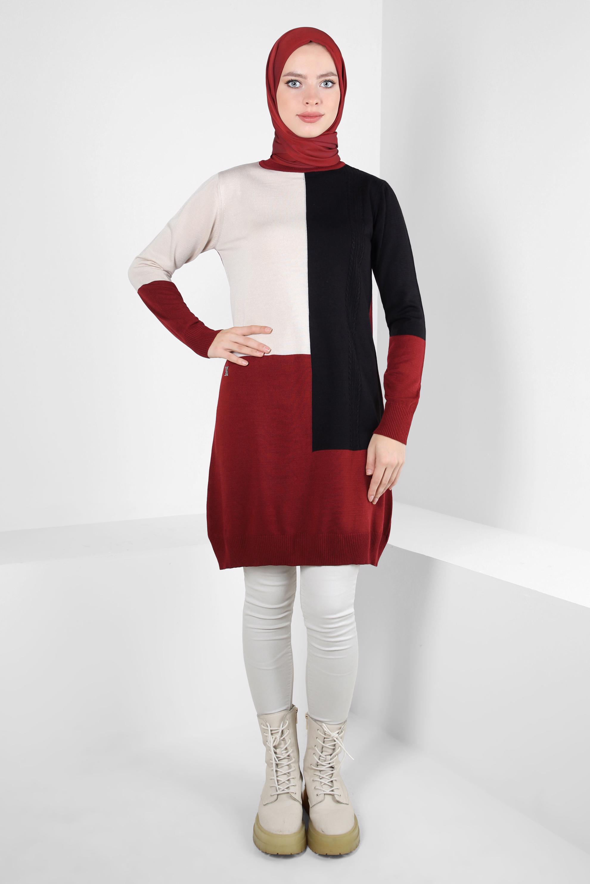 Hijab clothing CLARET RED COLORED KNITWEAR TUNIC 44067