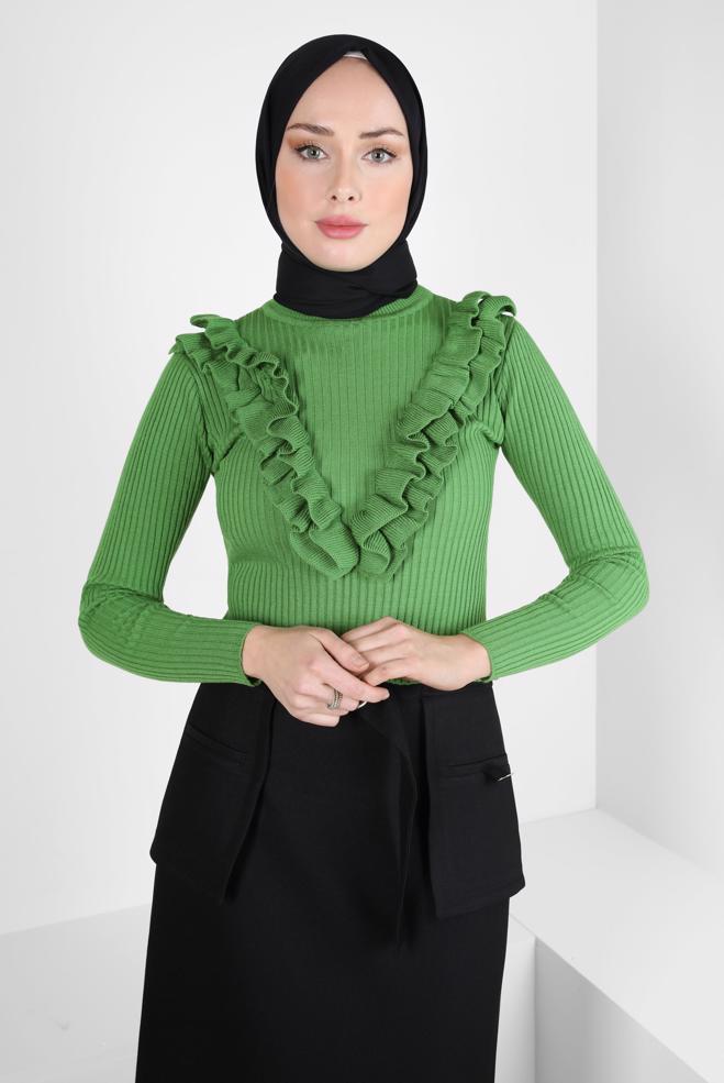 Vêtements hijab VERT PULL DÉTAIL VOLANT 44070 - ALVİNA