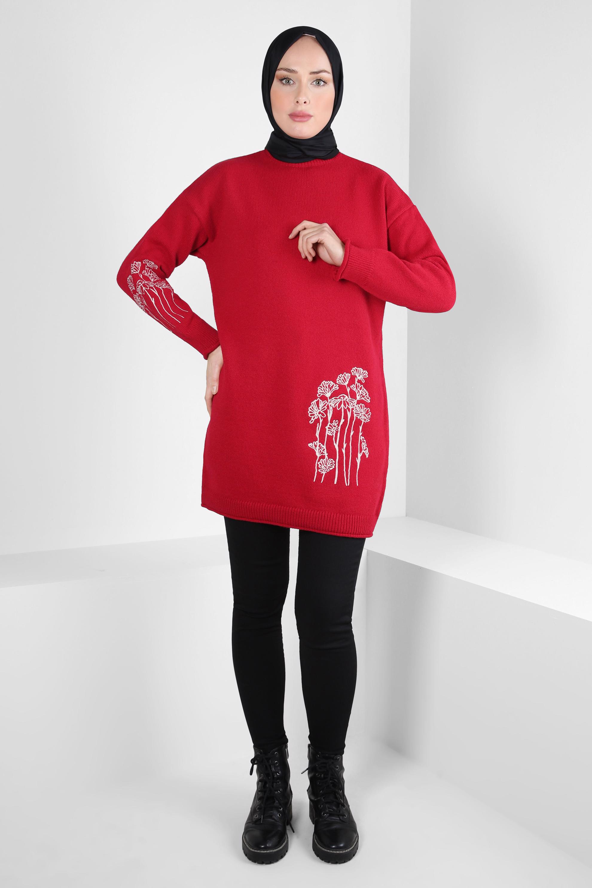 Hijab clothing RED EMBROIDERED KNITWEAR TUNIC 44116
