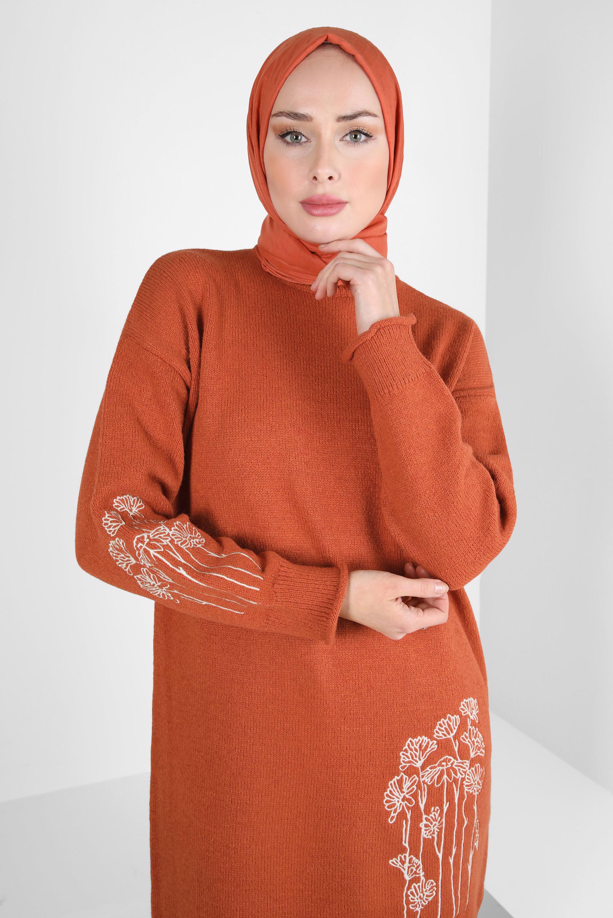 Hijab clothing ORANGE EMBROIDERED KNITWEAR TUNIC 44116