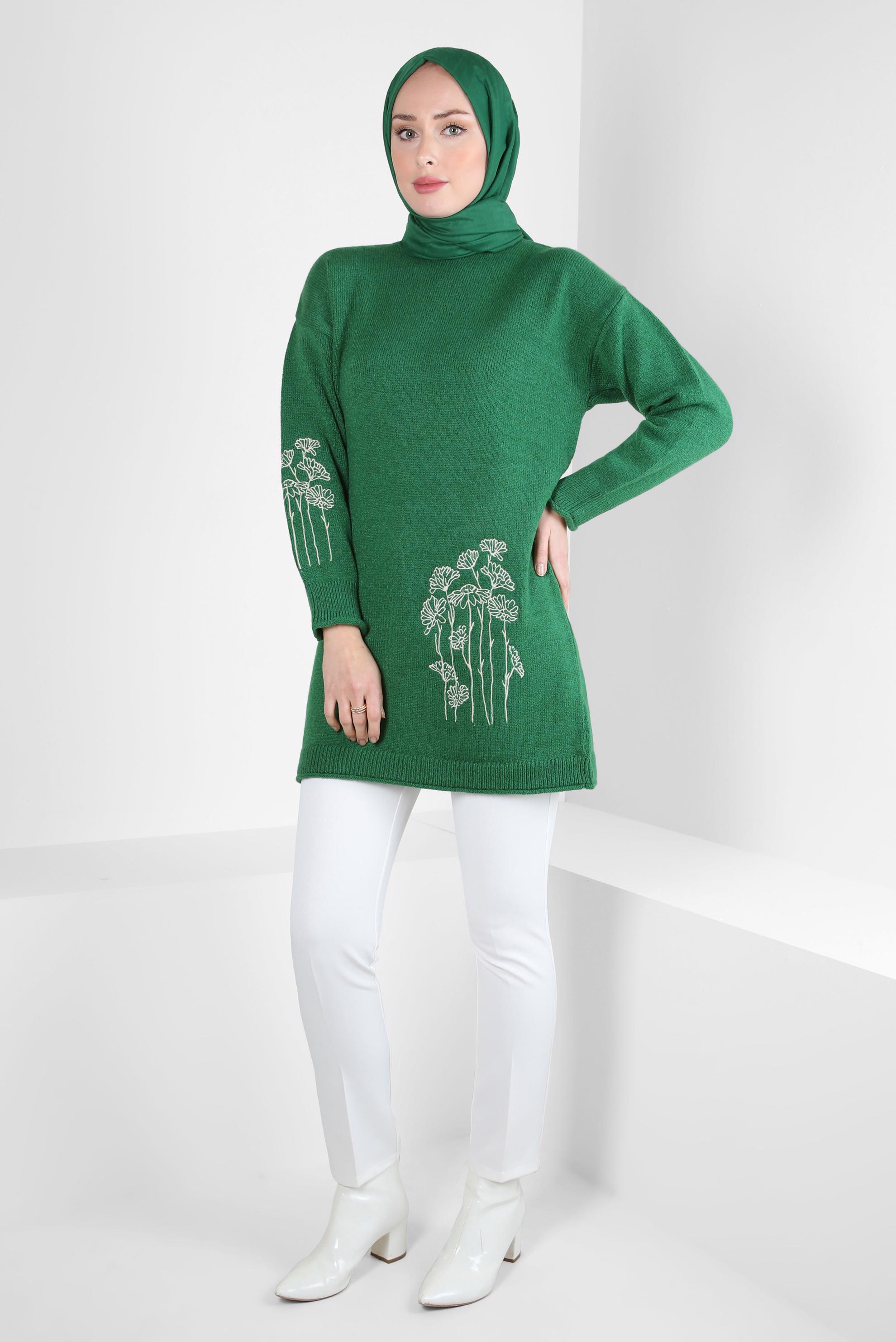 Hijab clothing GREEN EMBROIDERED KNITWEAR TUNIC 44116