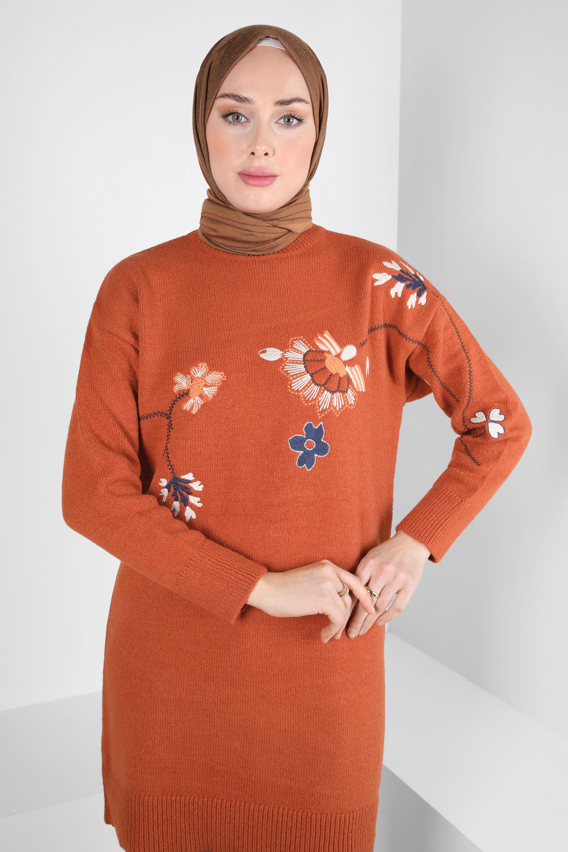 Hijab clothing ORANGE EMBROIDERED KNIT TUNIC 44117