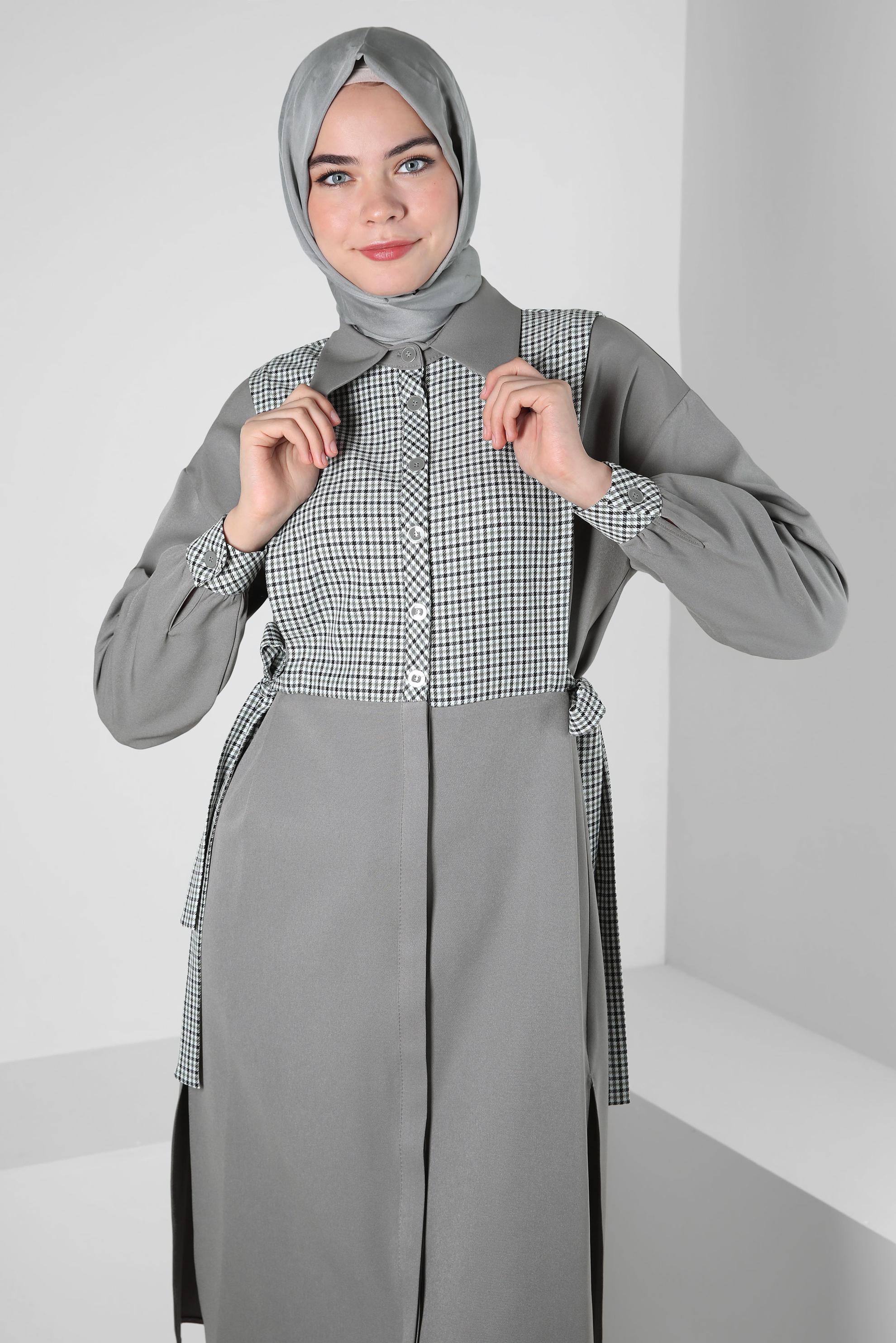 Tesettür giyim GRİ KAZAYAĞI DESENLİ GÖMLEK TUNİK 44128