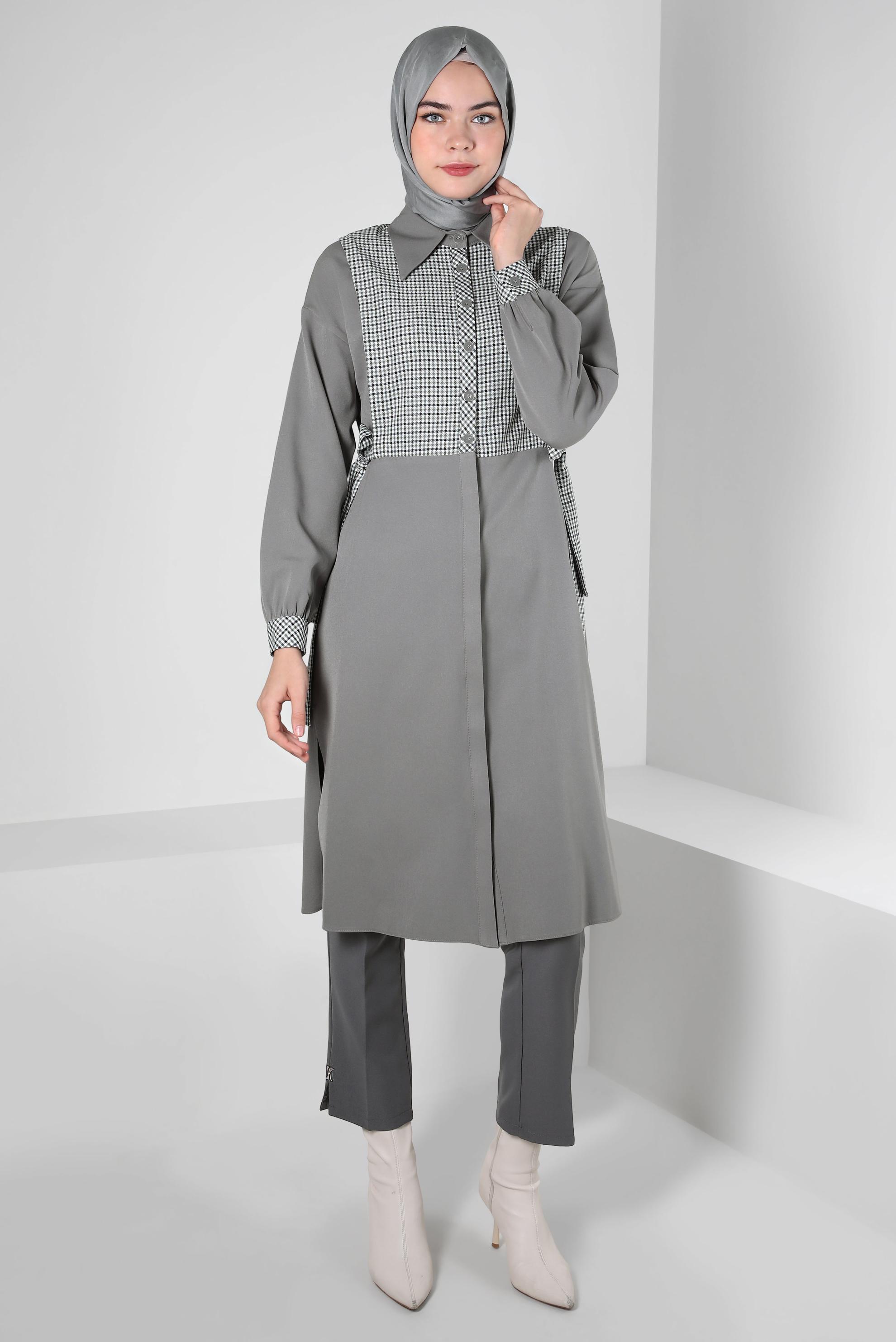 Tesettür giyim GRİ KAZAYAĞI DESENLİ GÖMLEK TUNİK 44128