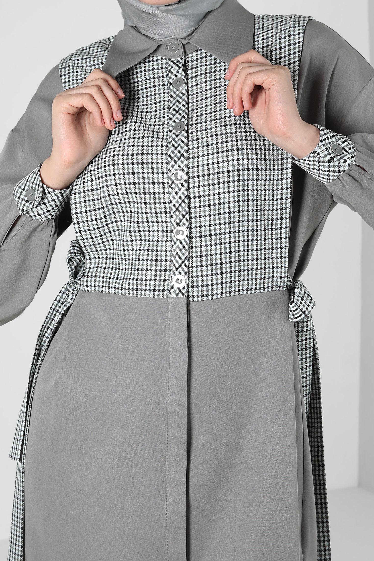 Tesettür giyim GRİ KAZAYAĞI DESENLİ GÖMLEK TUNİK 44128